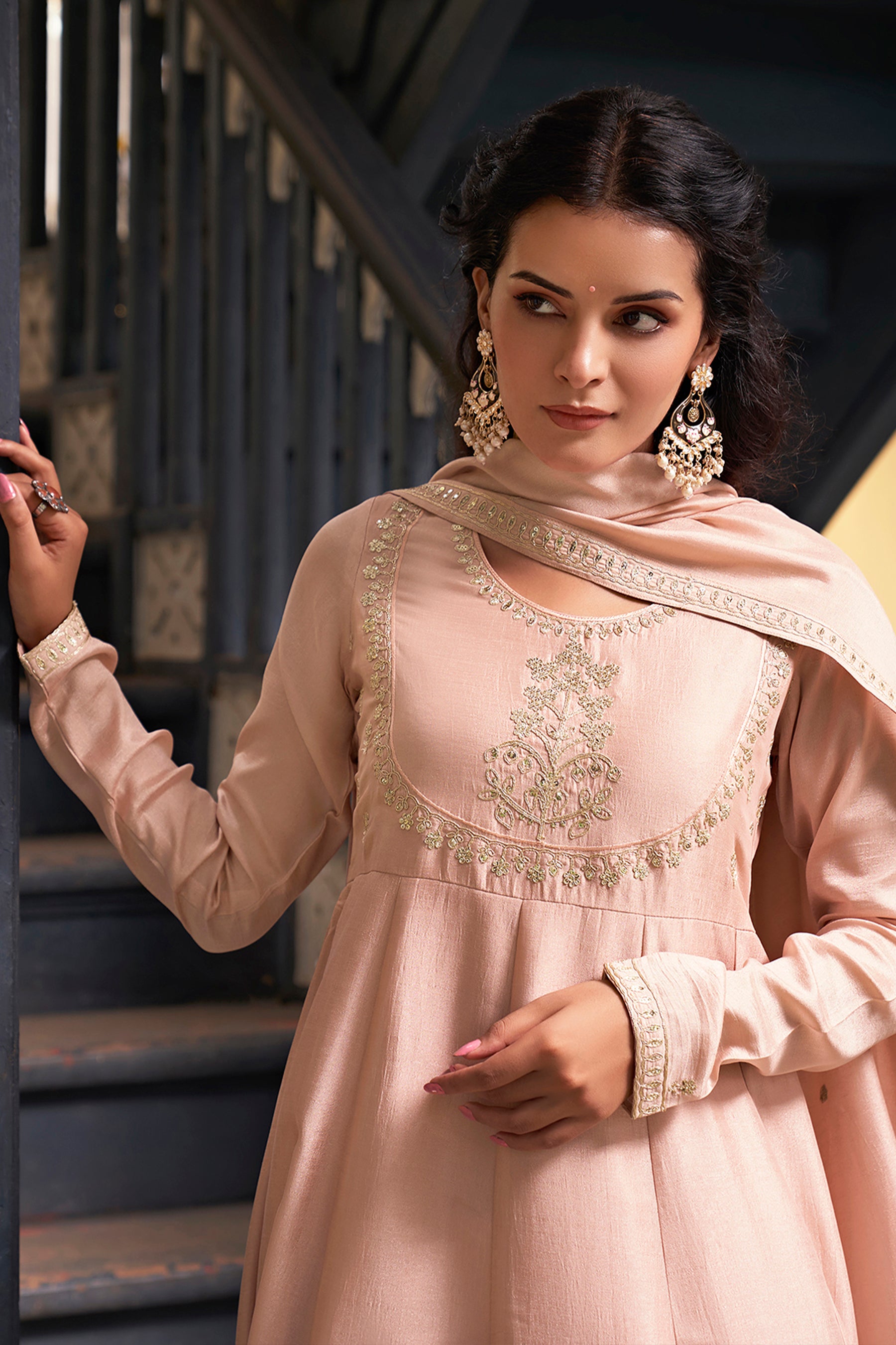 Rose Pink Embroidered Silk Blend Anarkali Kurta With Dupatta Set