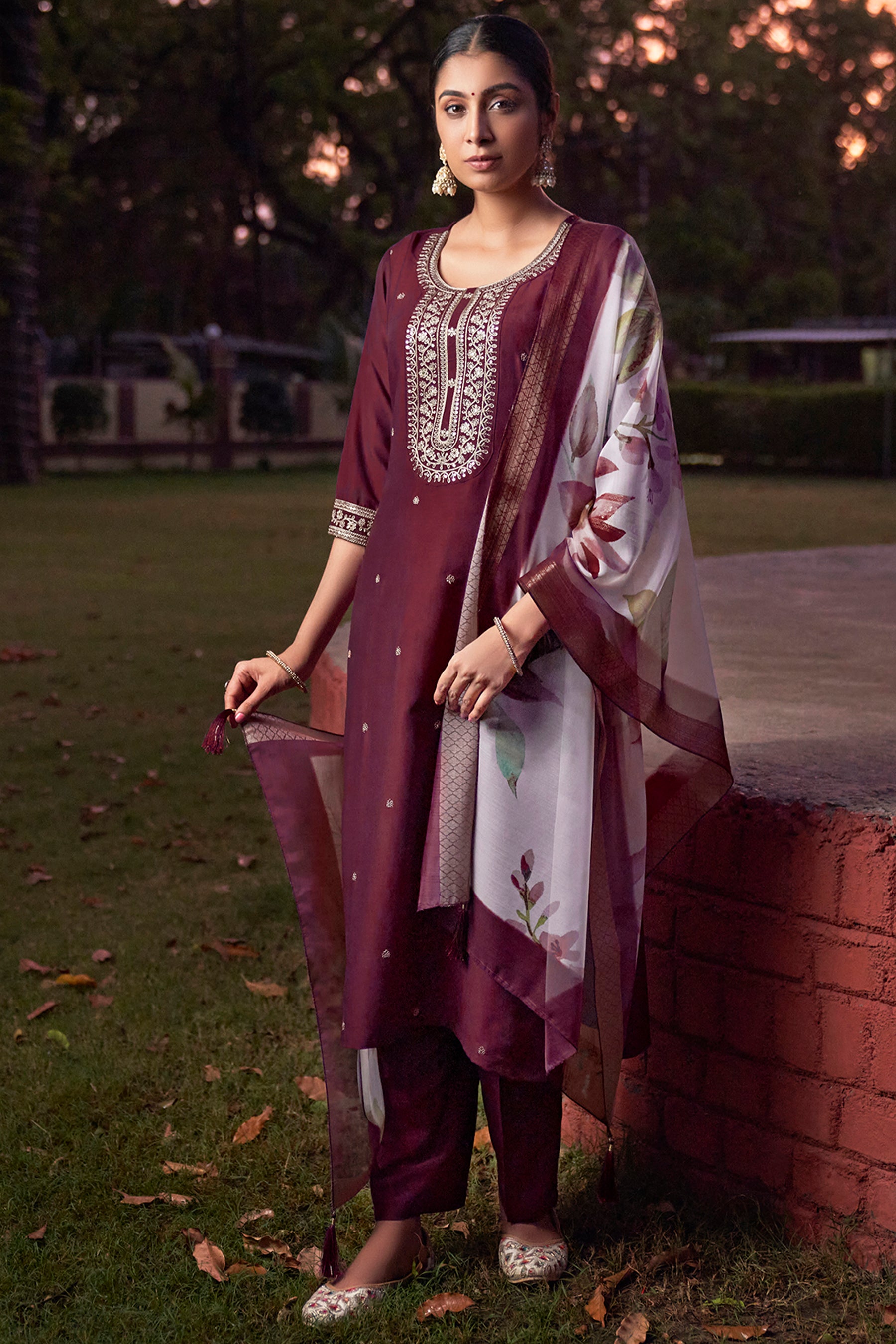 Wine Chinon Kurta Duppta Set with neck patch work