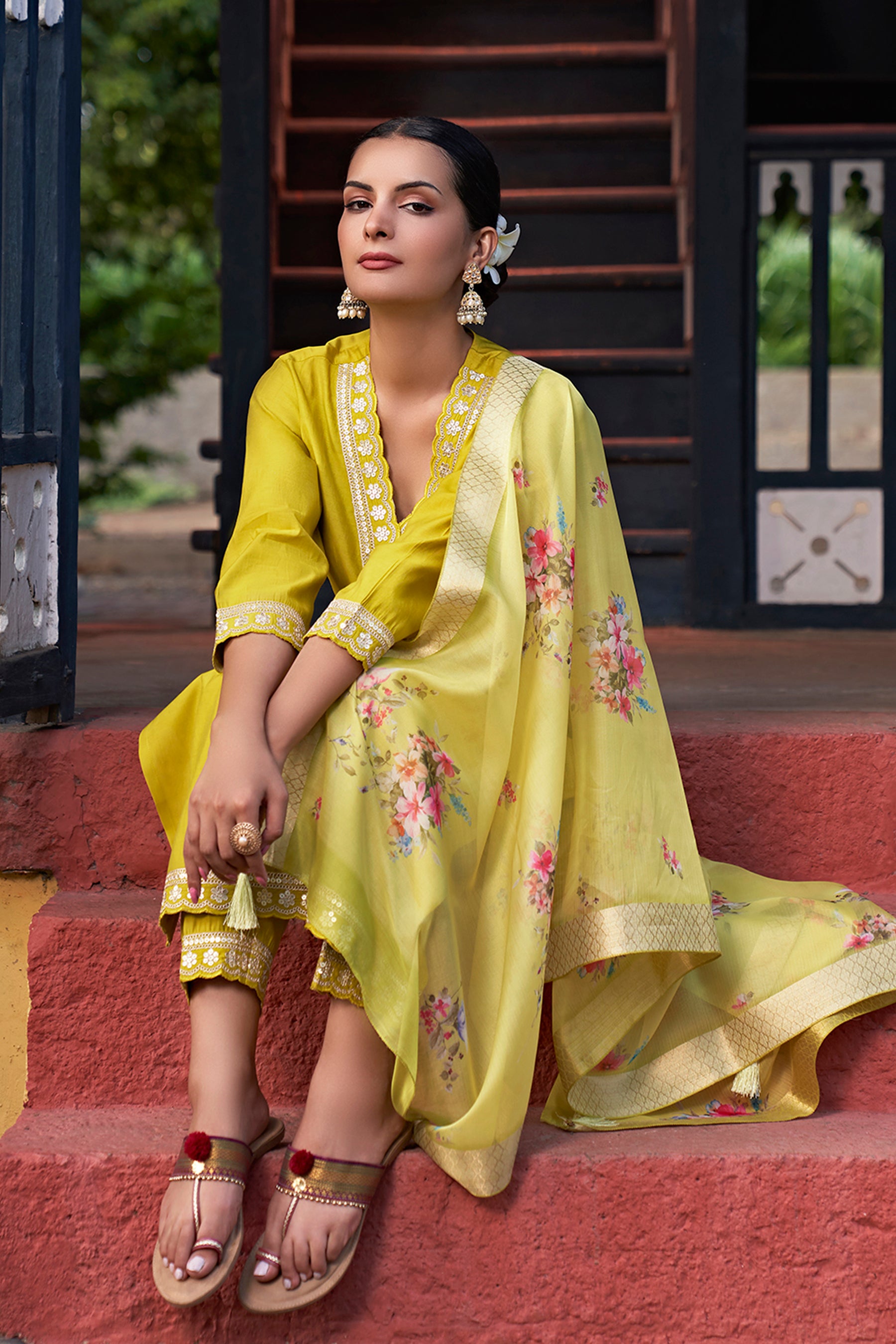 Neon Embroidered Chanderi Viscose Straight Suit With Dupatta