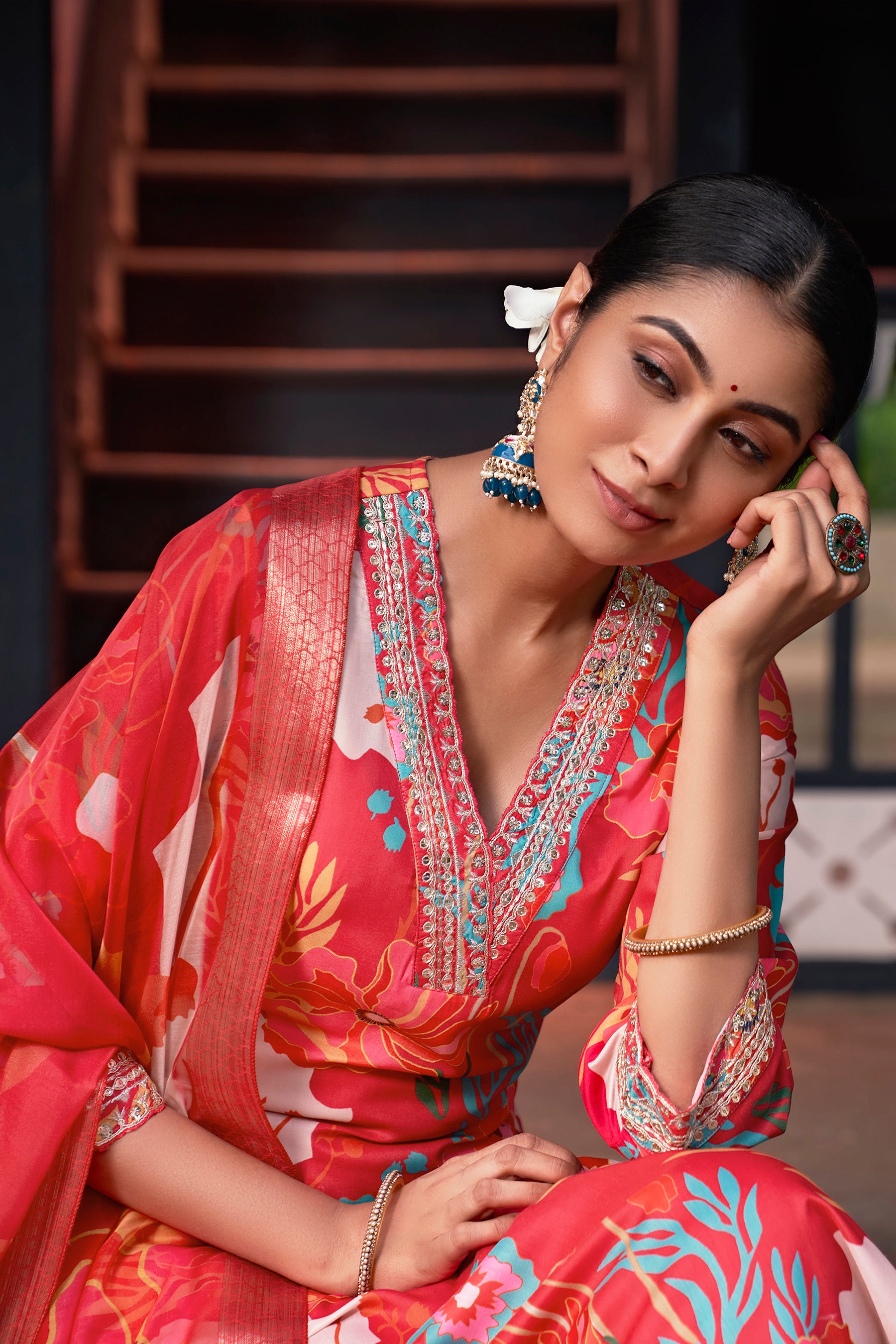 Pink Embroidered Muslin Kurta Duppta Set