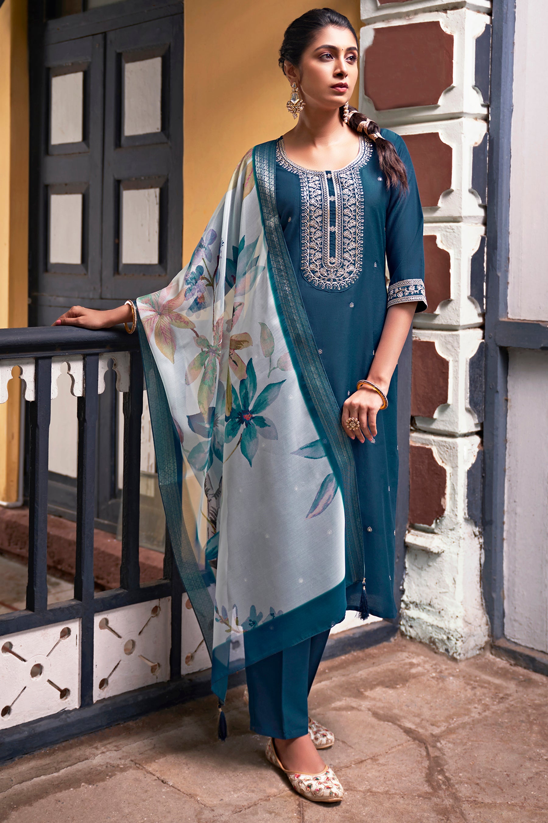 Teal Chinon Kurta Duppta Set with neck patch work