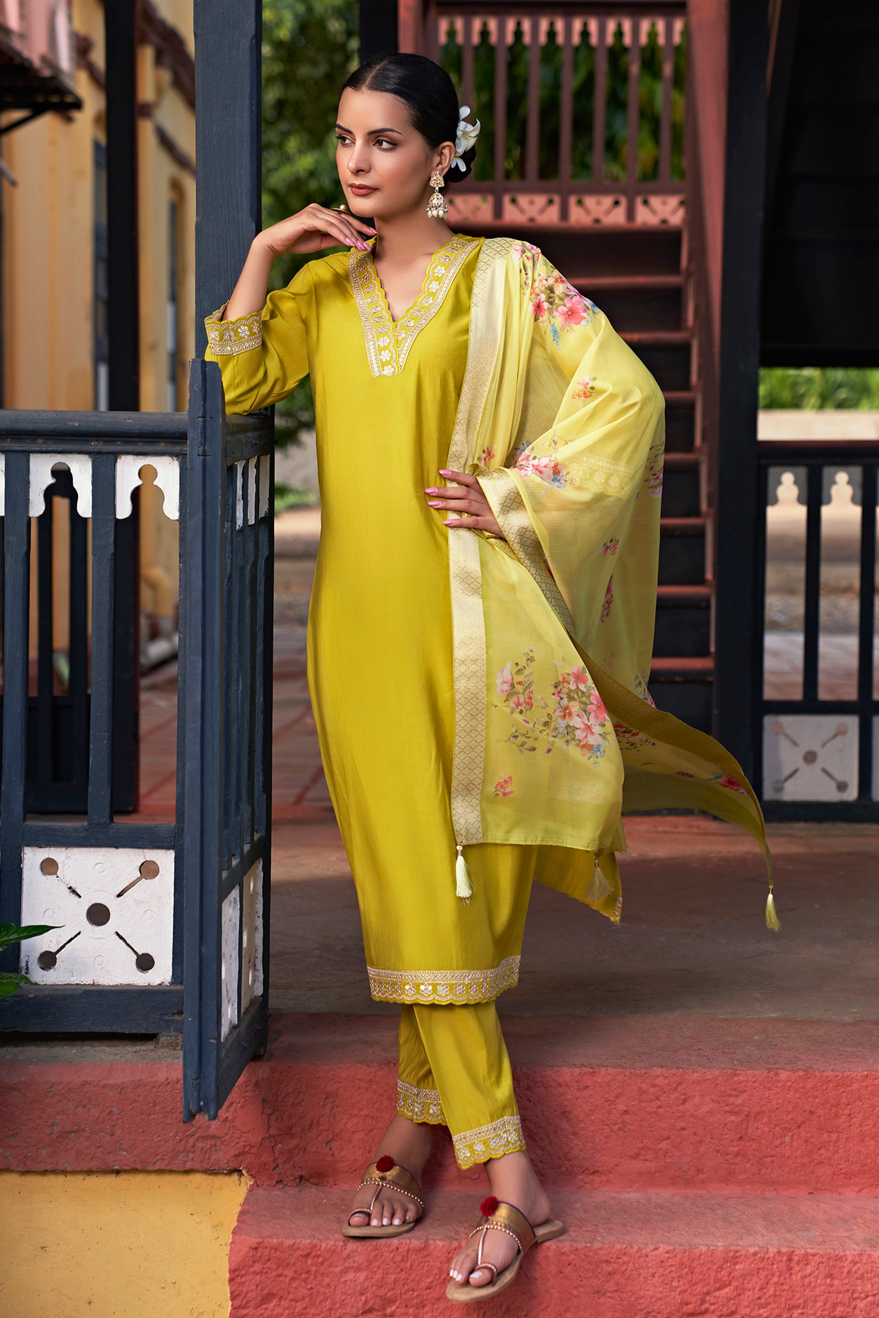 Neon Embroidered Chanderi Viscose Straight Suit With Dupatta