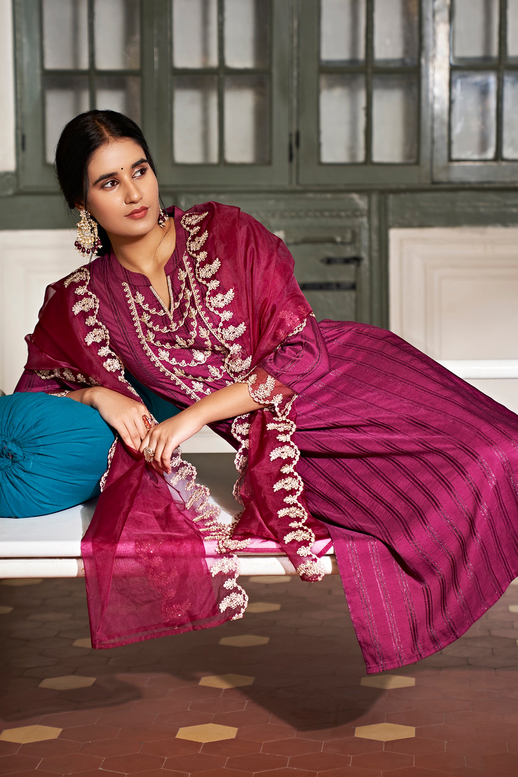 Wine Chinon Embroidered Straight kurta Set