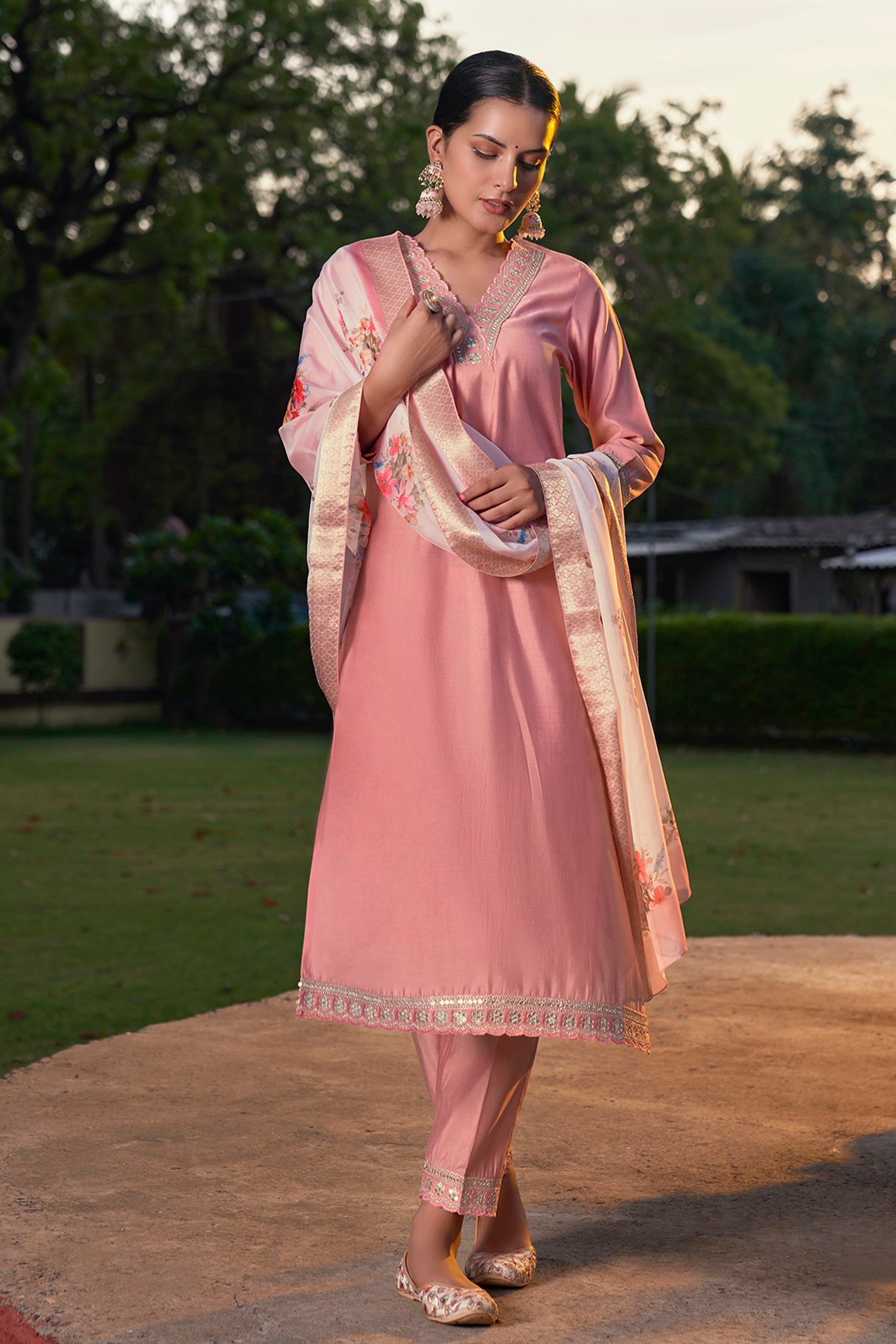 Pink Embroidered Chanderi Viscose Straight Suit With Dupatta