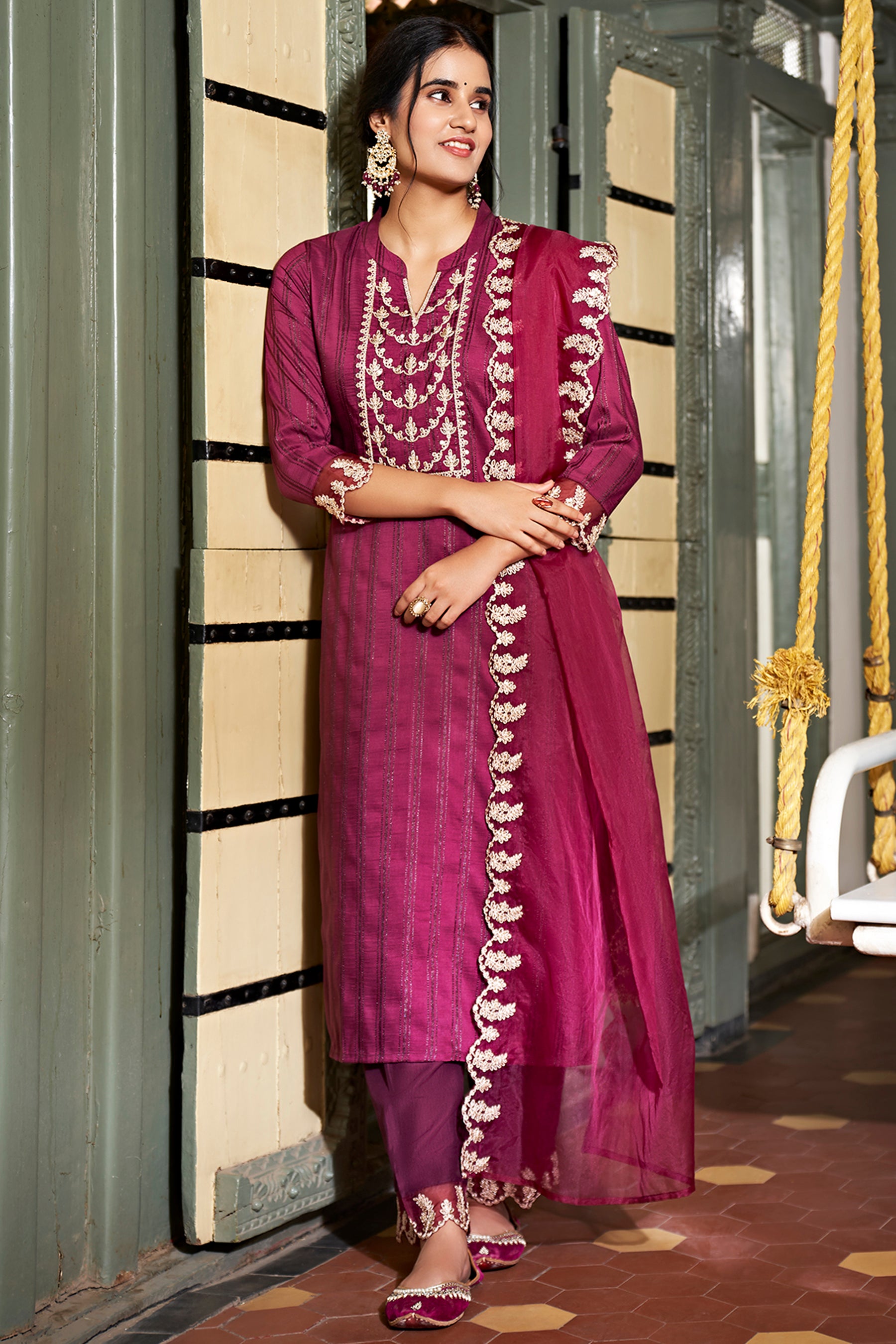 Wine Chinon Embroidered Straight kurta Set