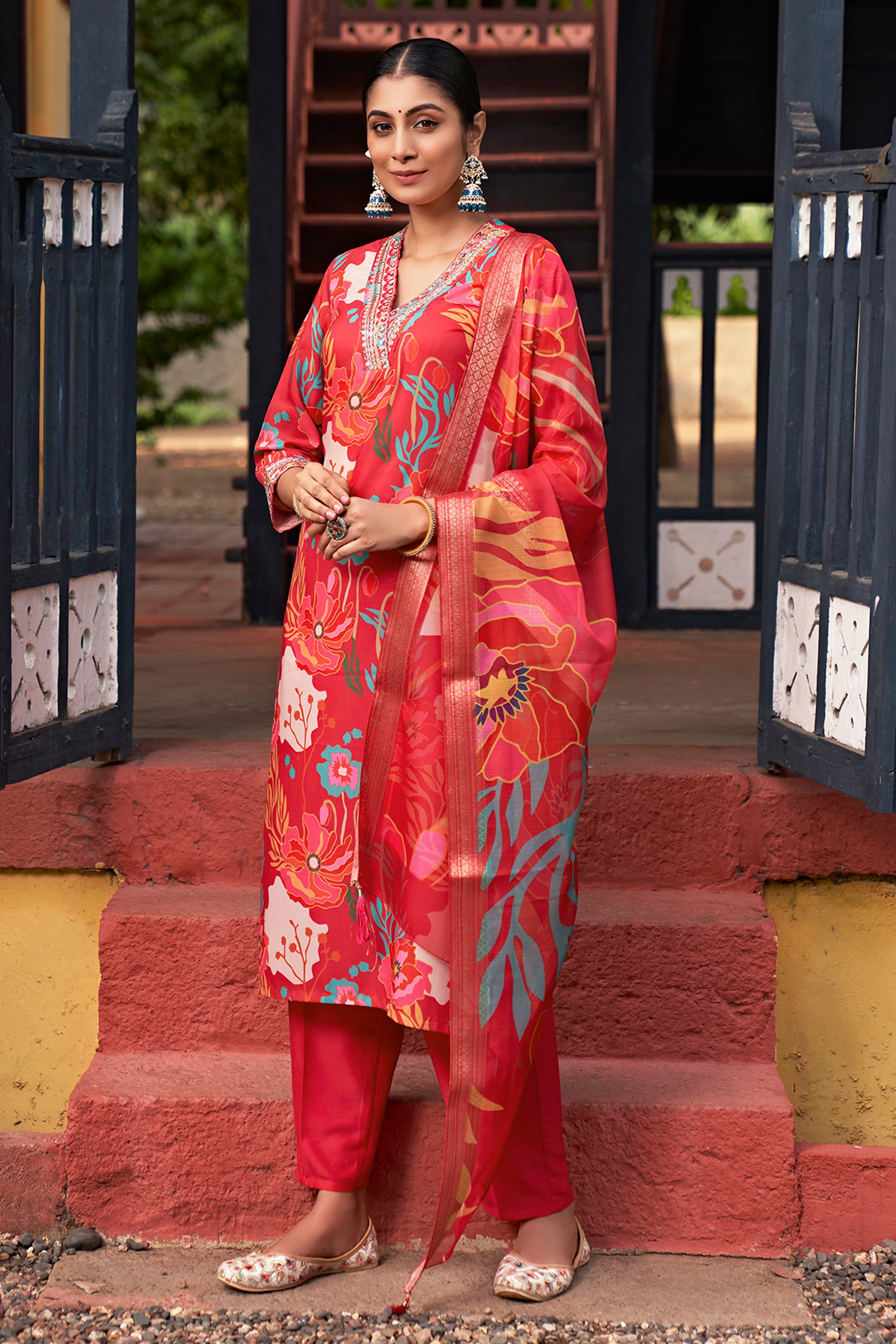Pink Embroidered Muslin Kurta Duppta Set