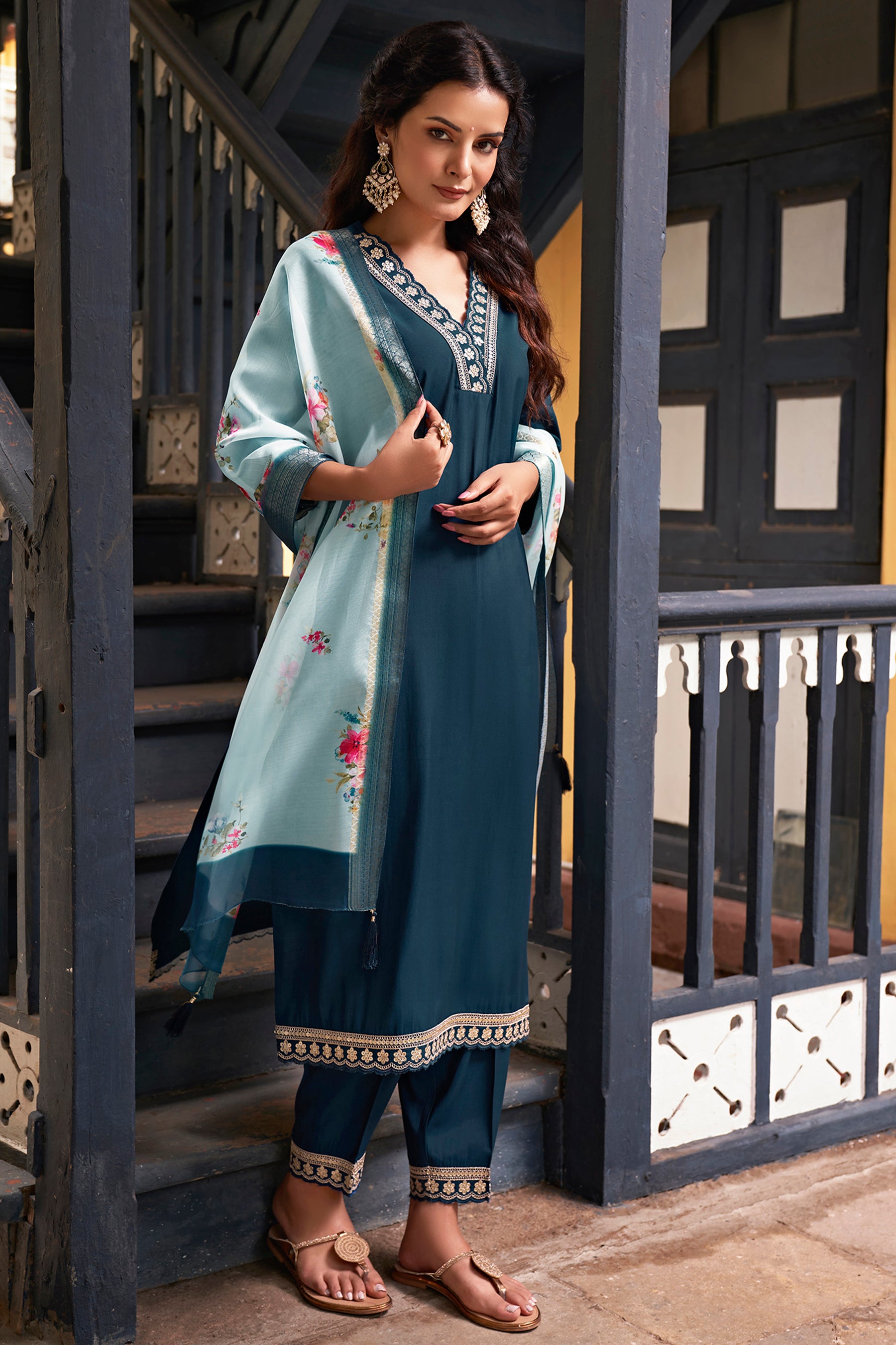 Teal Blue Embroidered Chanderi Viscose Straight Suit With Dupatta