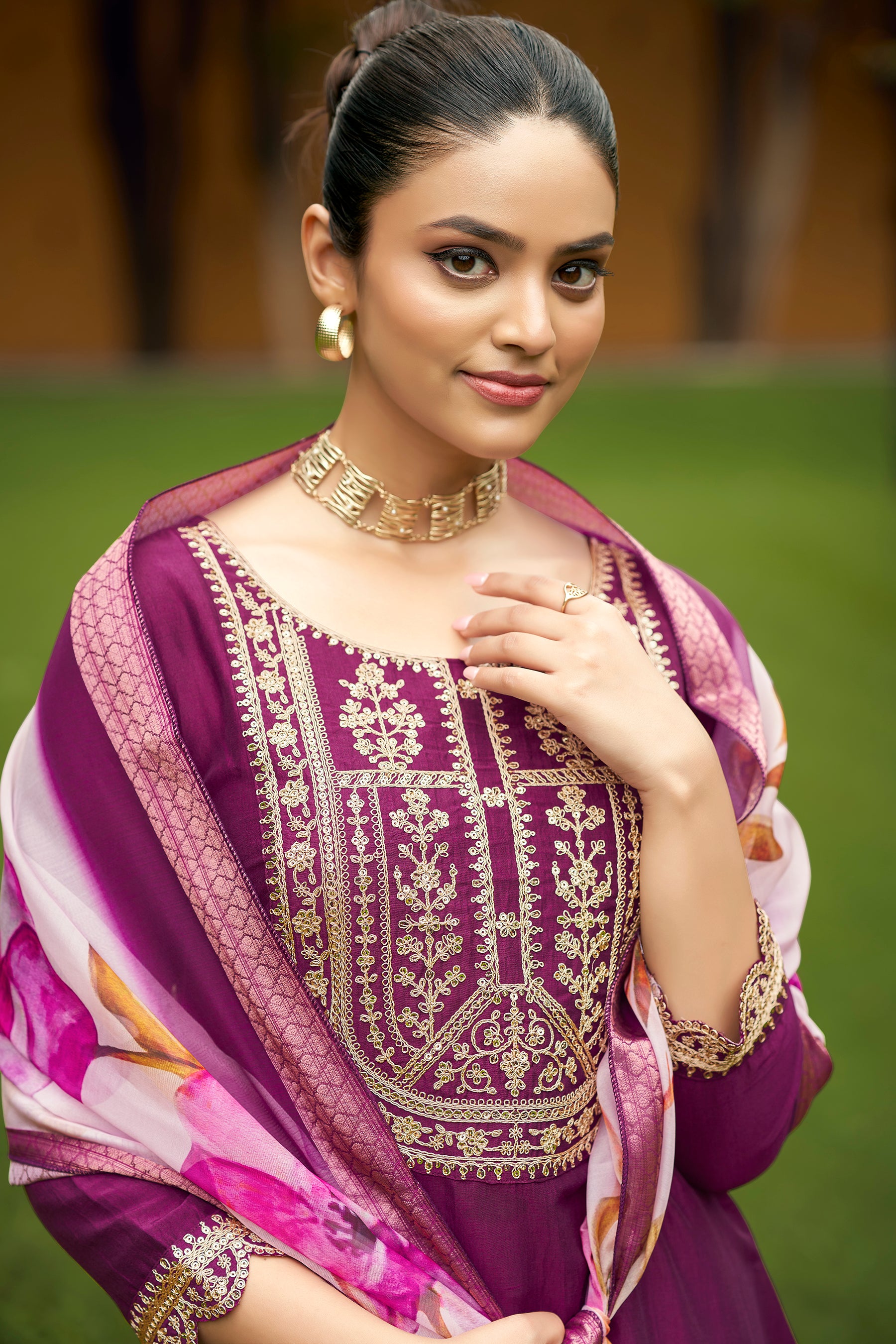 Wine Self Design Chinon Straight Kurta With Printed Dupatta