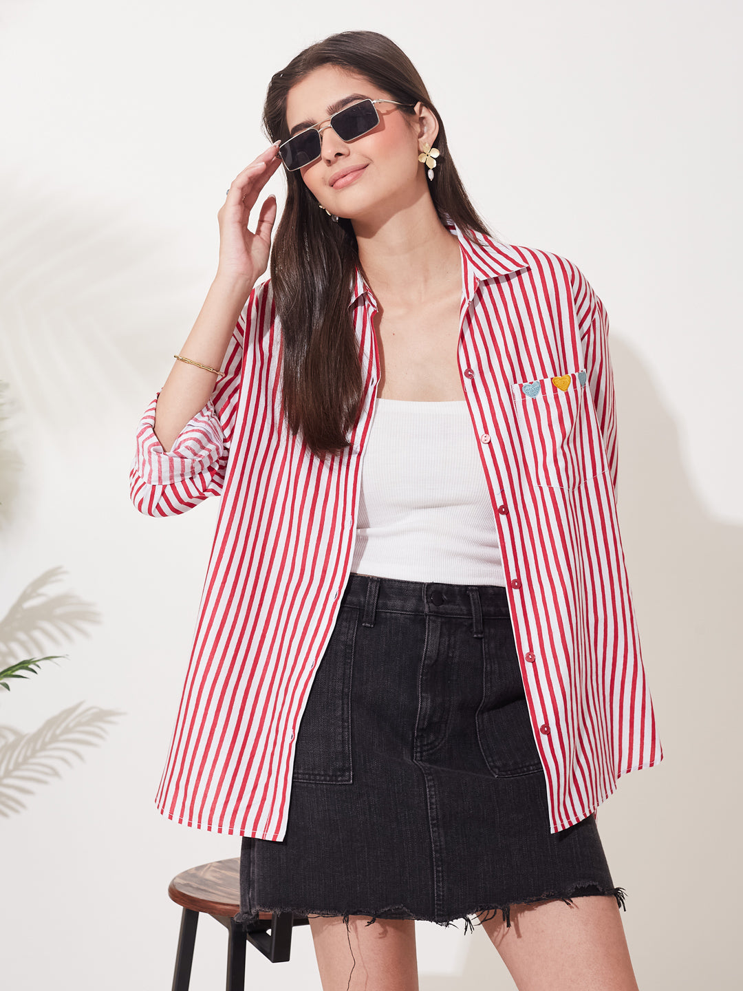 Trendy Pink Cotton Oversized Stripe Shirt for Women
