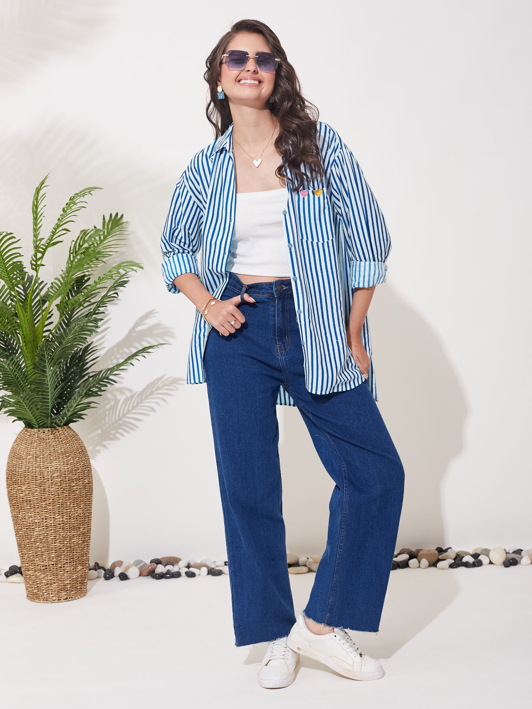Women’s Royal Blue Cotton Striped Oversized Shirt with Embroidered Pocket