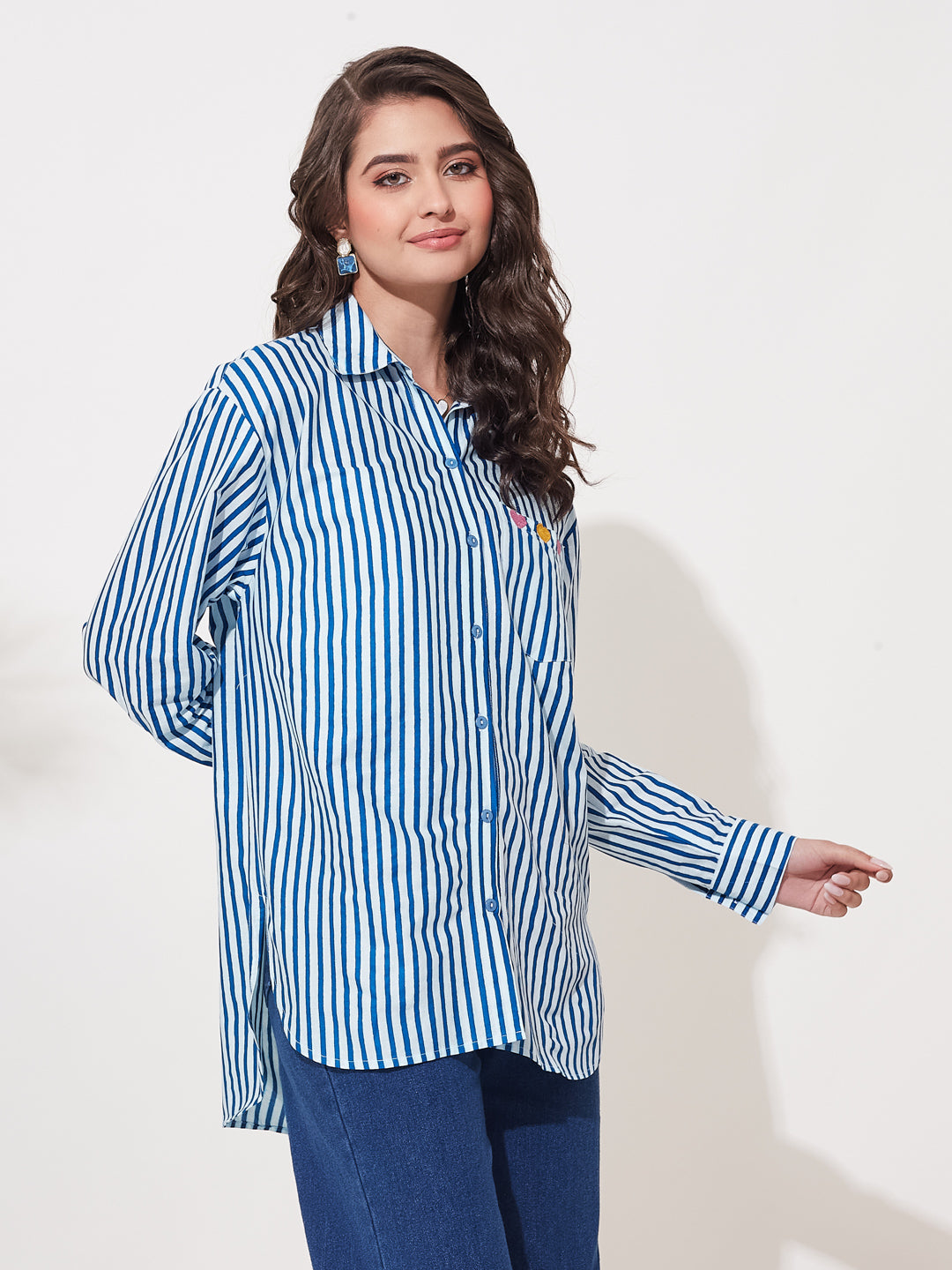 Women’s Royal Blue Cotton Striped Oversized Shirt with Embroidered Pocket