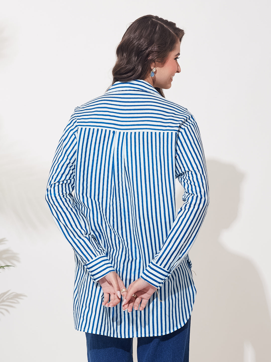 Women’s Royal Blue Cotton Striped Oversized Shirt with Embroidered Pocket