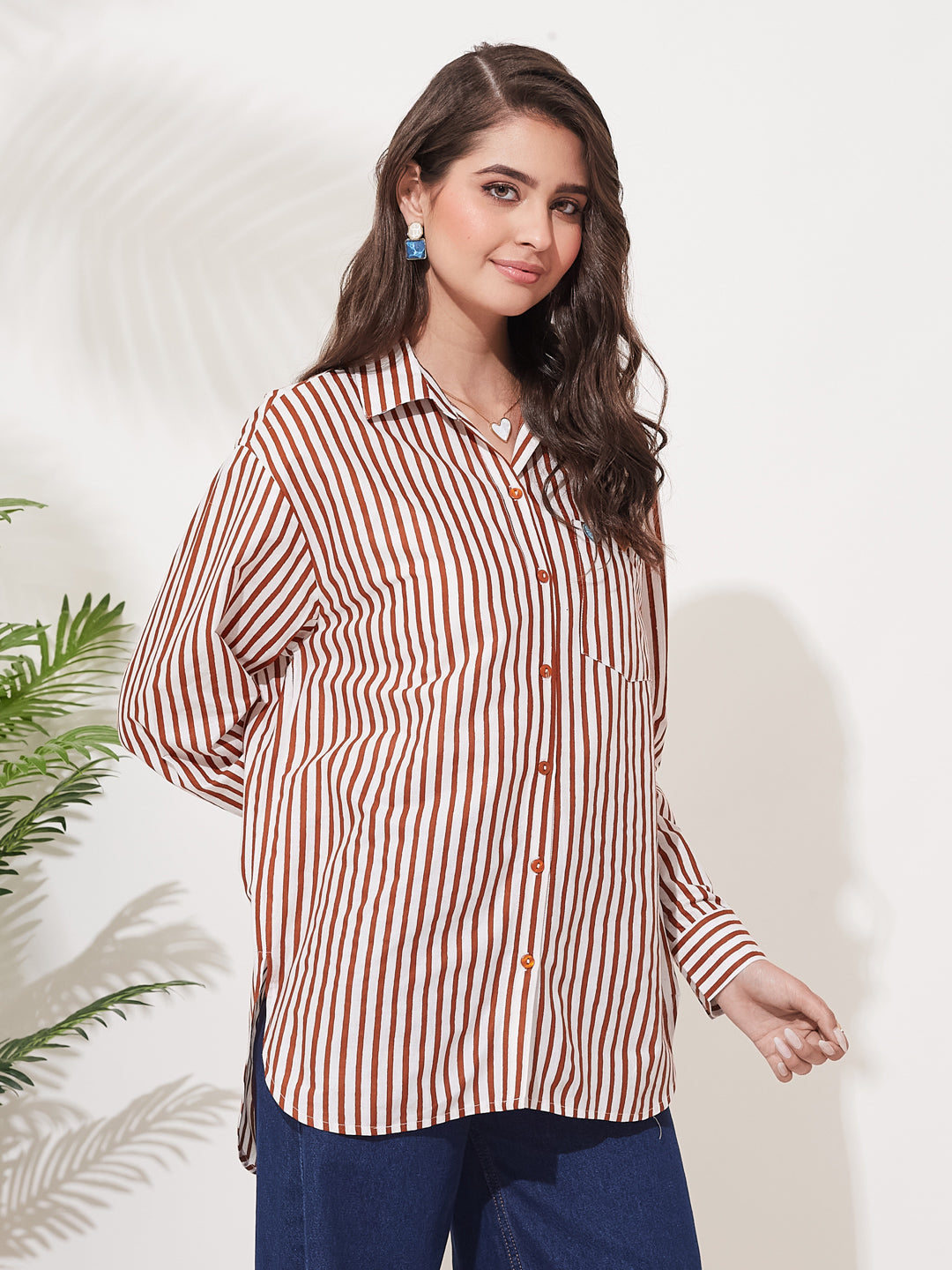 Women’s Rust Red Cotton Striped Relaxed Fit Shirt