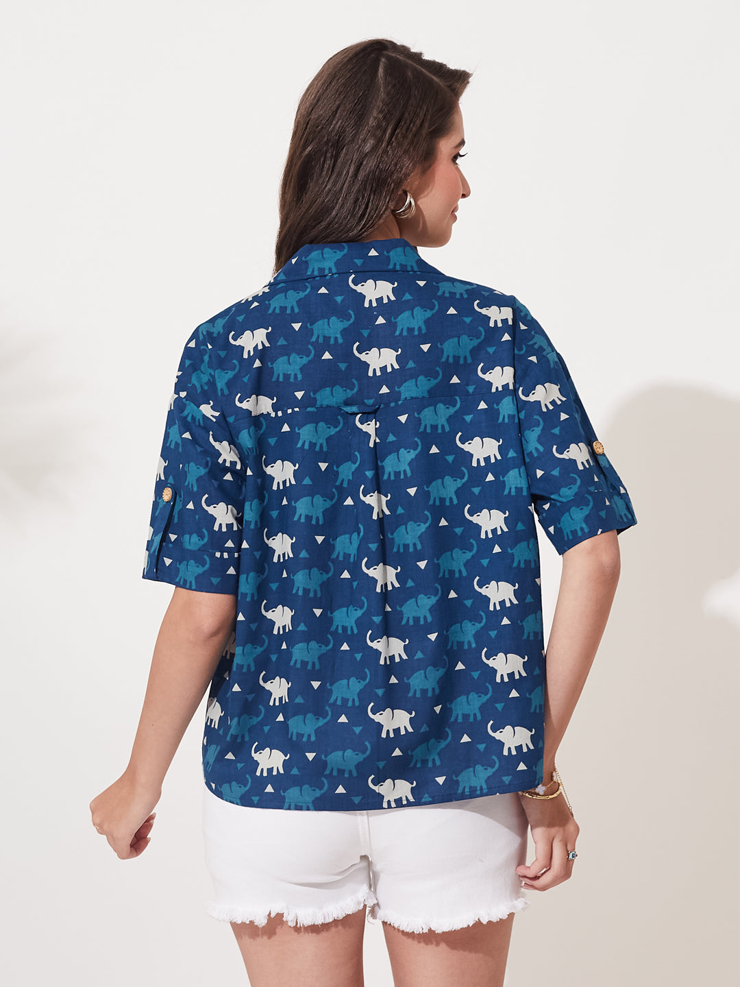 Women’s Indigo Cotton Printed Button-Down Shirt