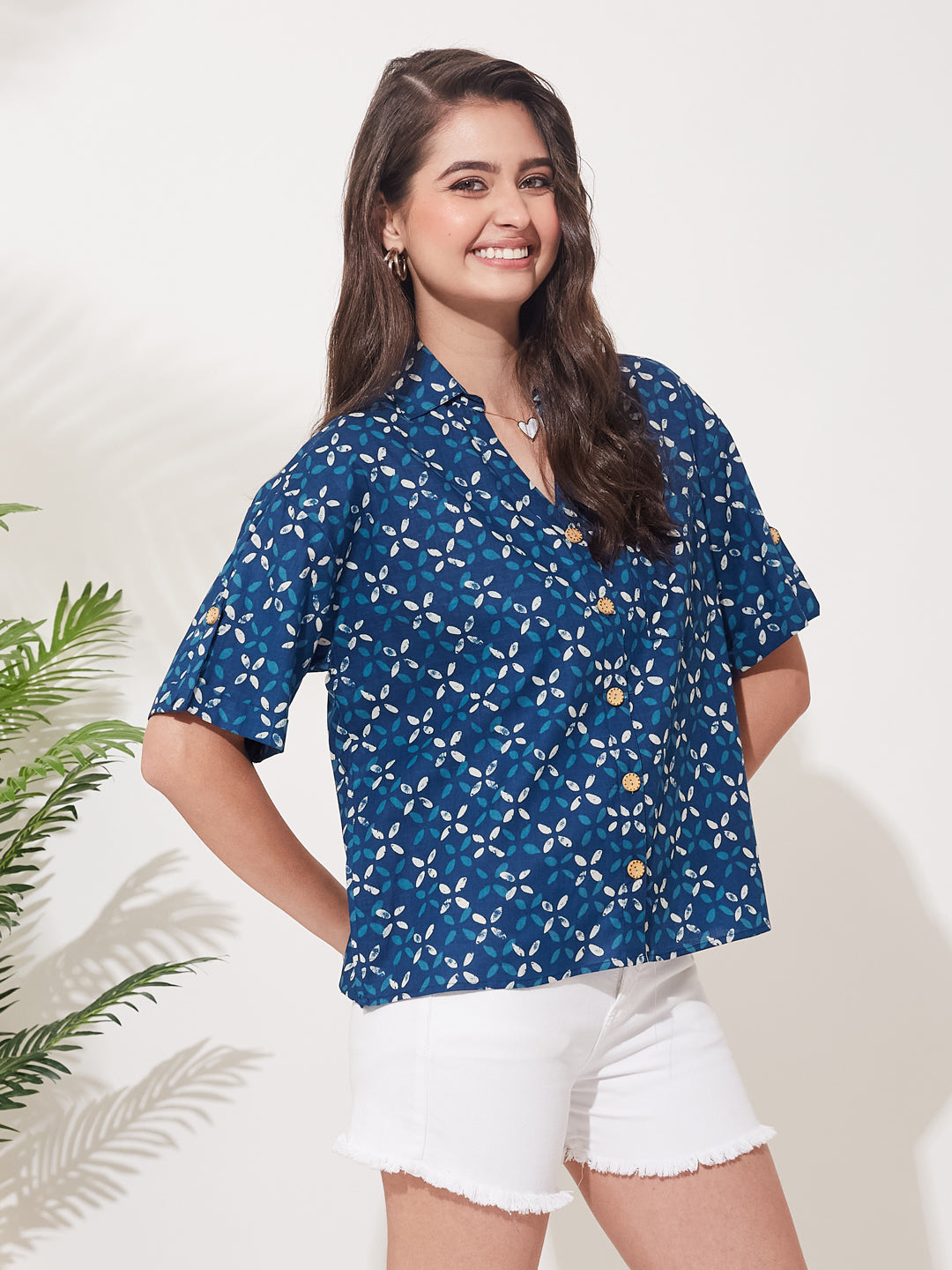 Women’s Indigo Cotton Half Sleeve Printed Shirt