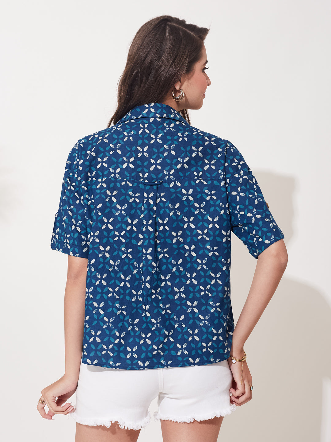 Women’s Indigo Cotton Half Sleeve Printed Shirt