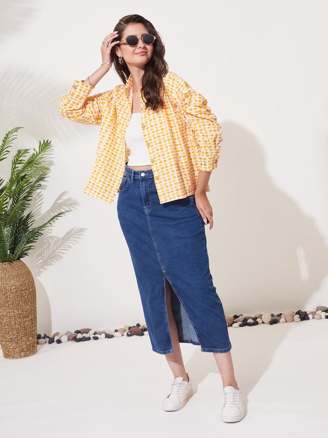 Women’s Yellow Print Casual Shirt with Ruched Sleeves