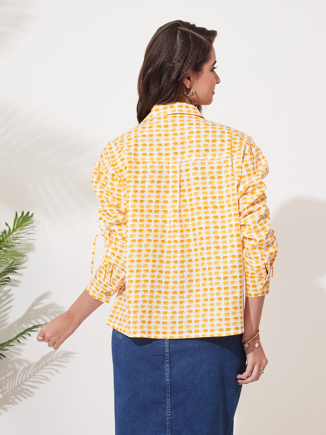 Women’s Yellow Print Casual Shirt with Ruched Sleeves