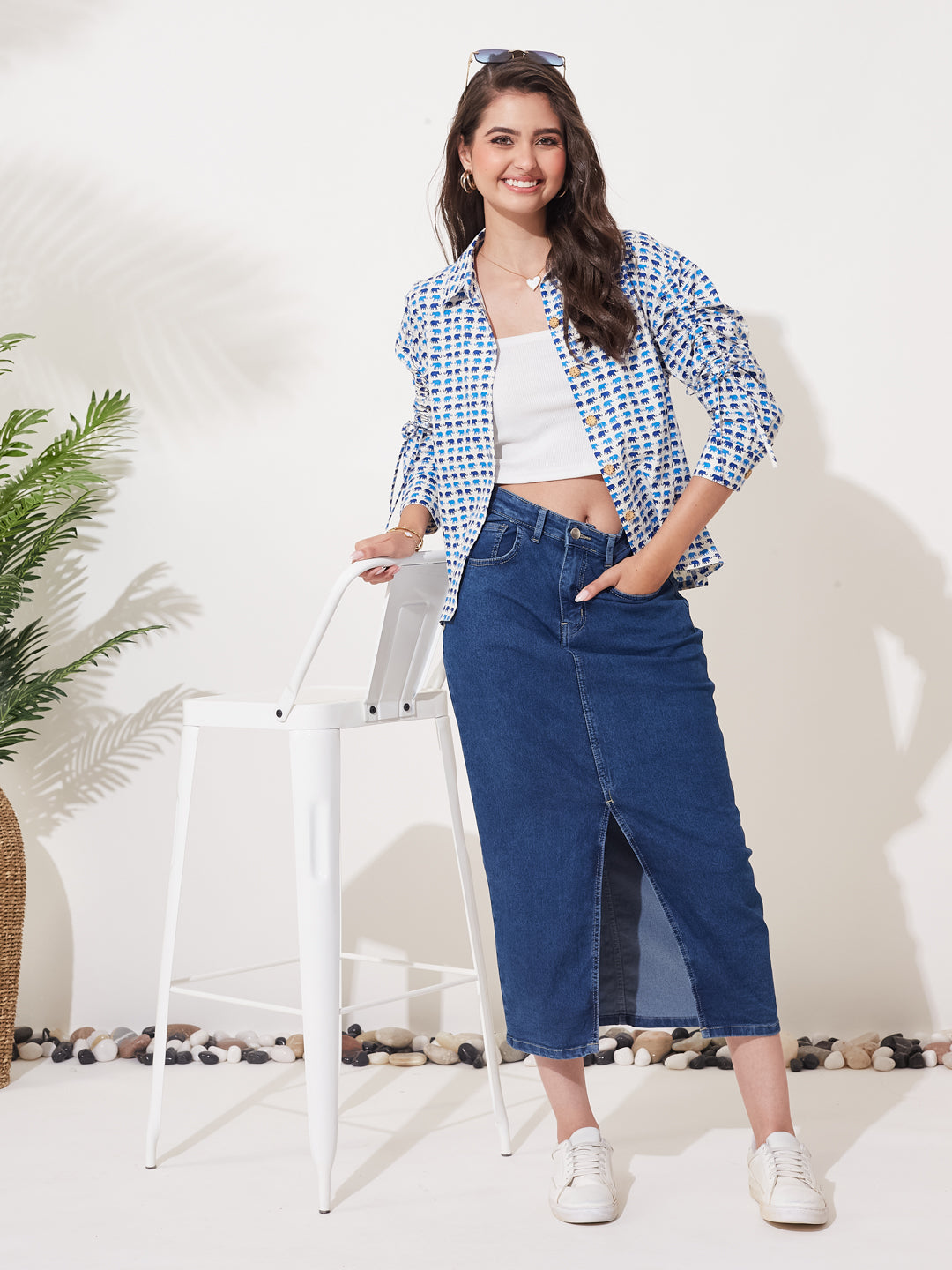 Blue Printed Cotton Casual Shirt for Women