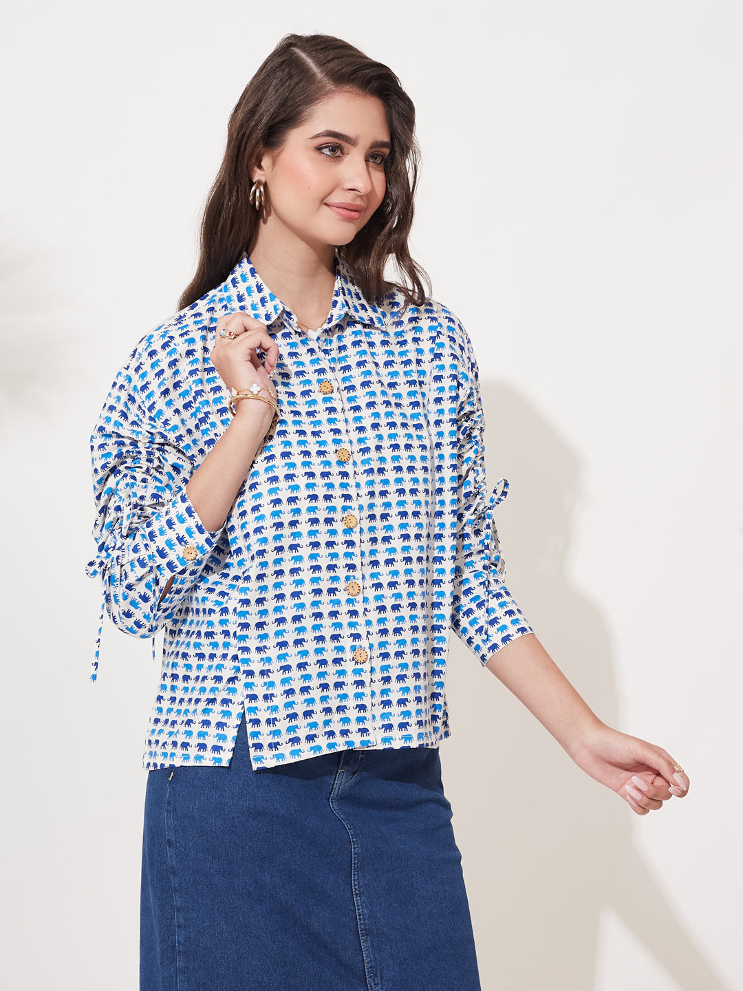 Blue Printed Cotton Casual Shirt for Women
