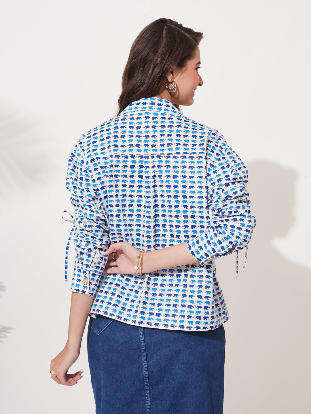 Blue Printed Cotton Casual Shirt for Women