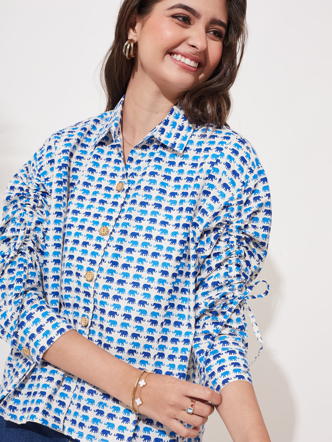 Blue Printed Cotton Casual Shirt for Women