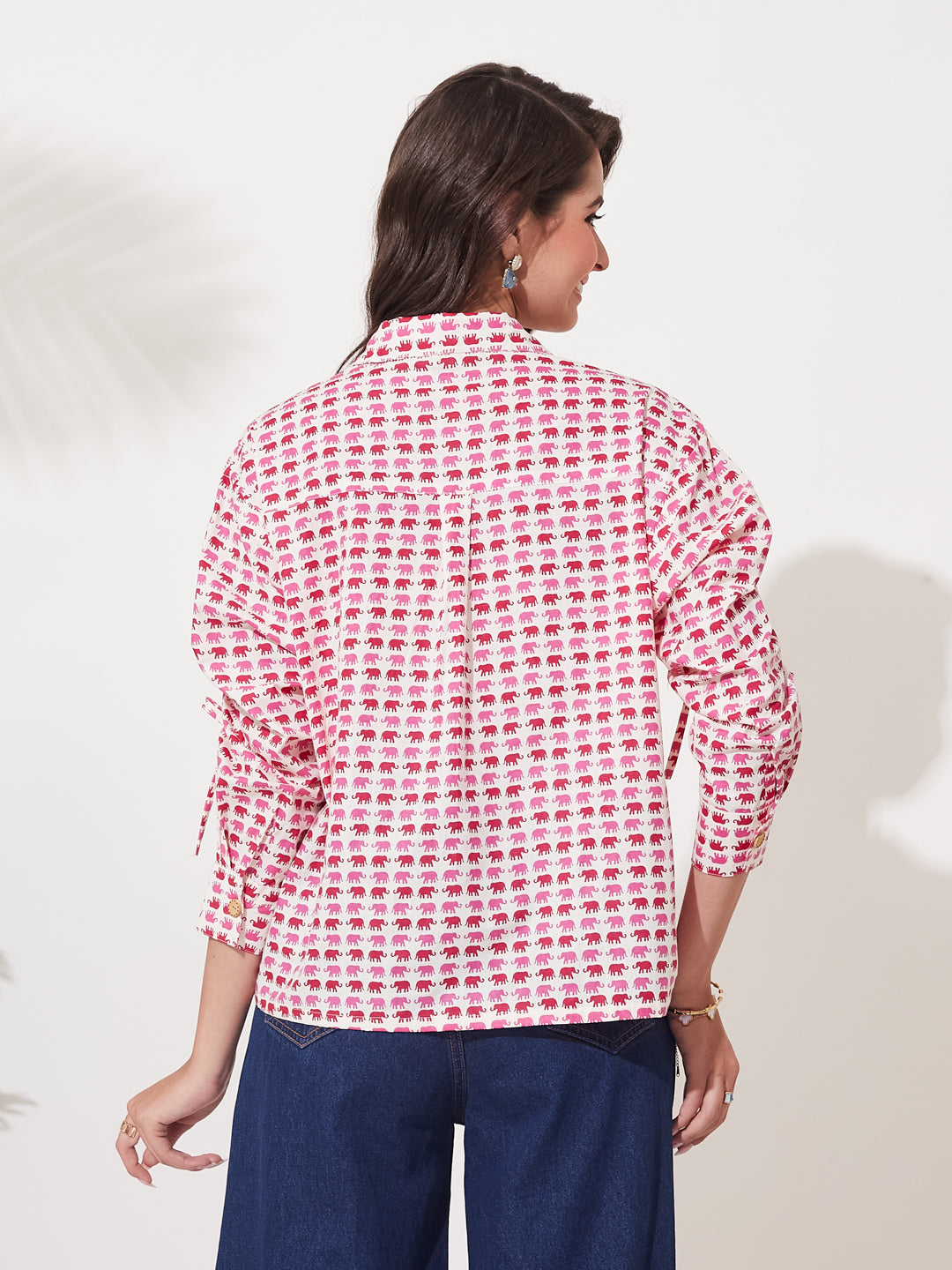 Pink Printed Button-Down Shirt with Gathered Sleeves