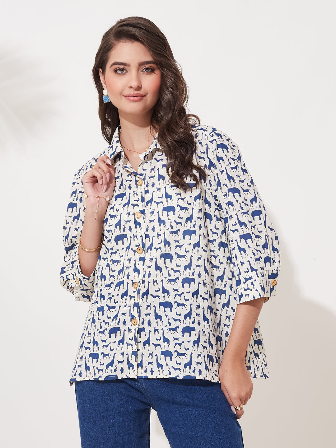 Royal Blue Cotton Print Casual Shirt for Women