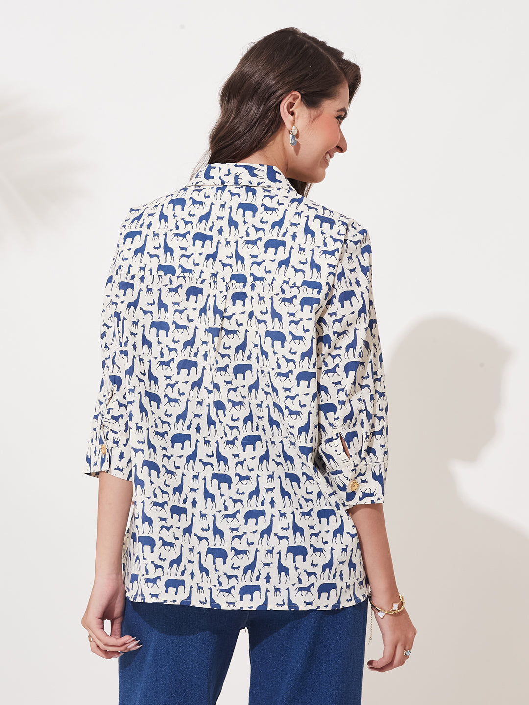 Royal Blue Cotton Print Casual Shirt for Women