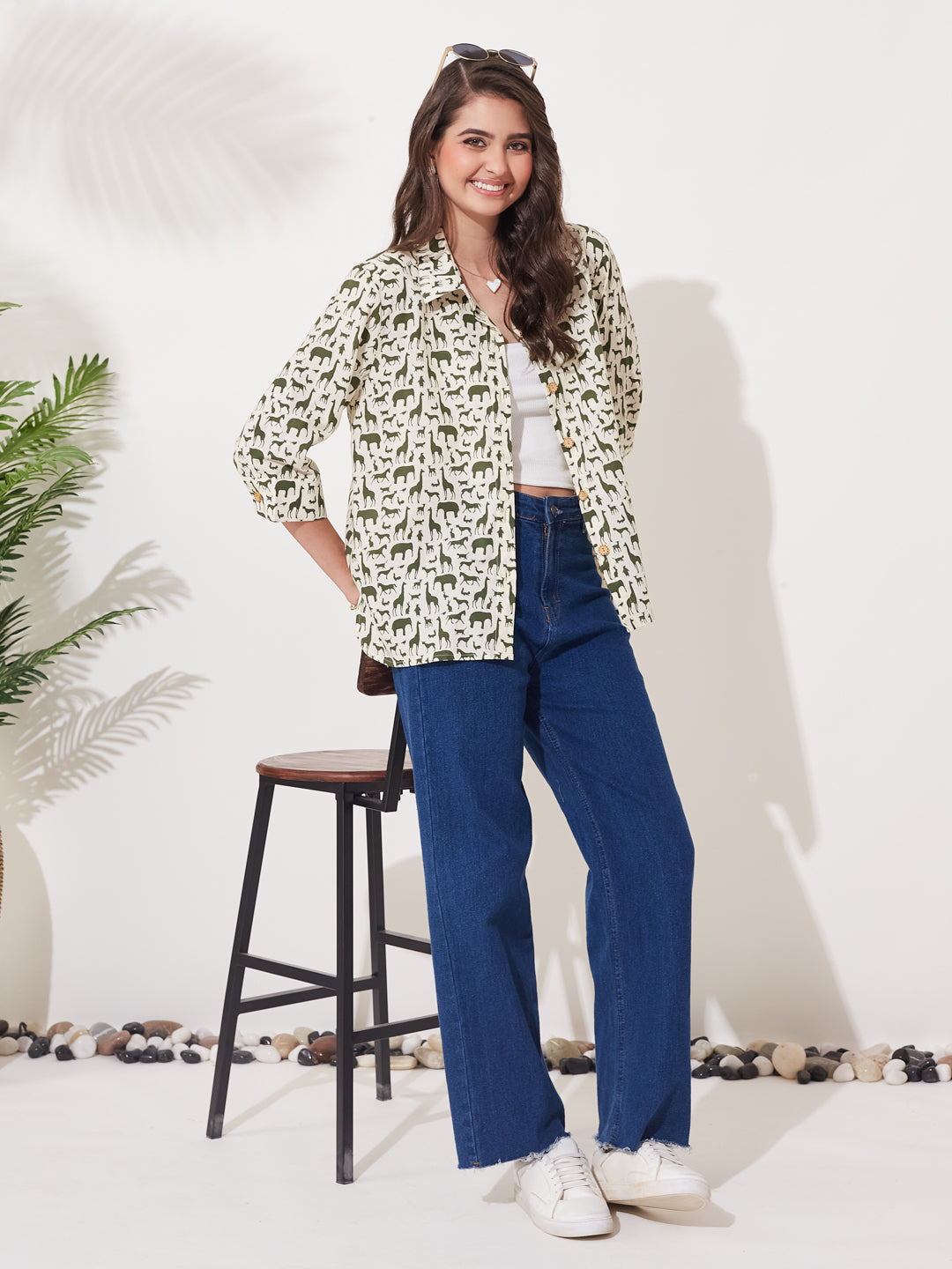 Women Olive Cotton Animal Print Casual Shirt