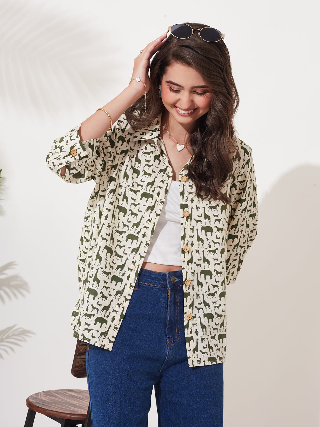 Women Olive Cotton Animal Print Casual Shirt