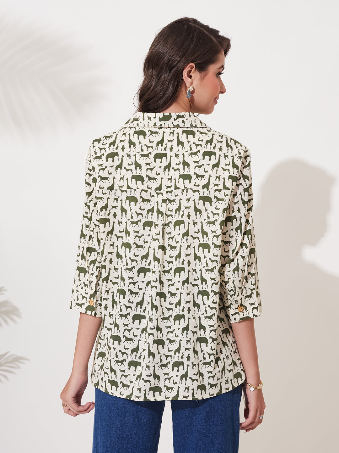 Women Olive Cotton Animal Print Casual Shirt