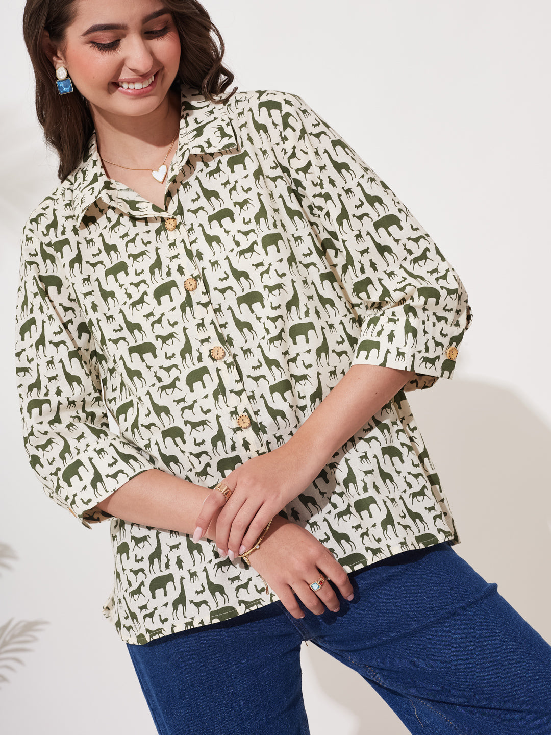 Women Olive Cotton Animal Print Casual Shirt