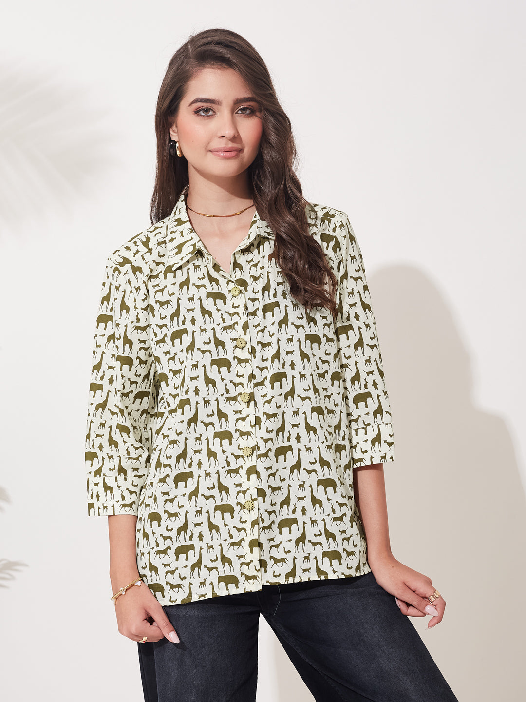 Women’s Coffee Cotton Animal Print Casual Button Shirt