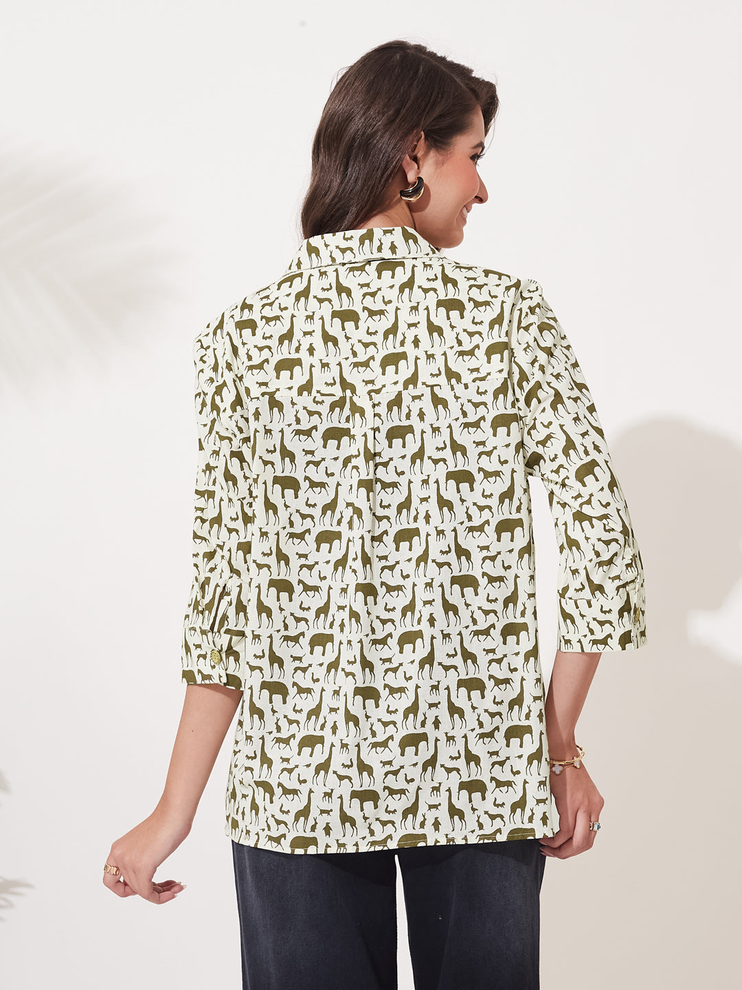 Women’s Coffee Cotton Animal Print Casual Button Shirt