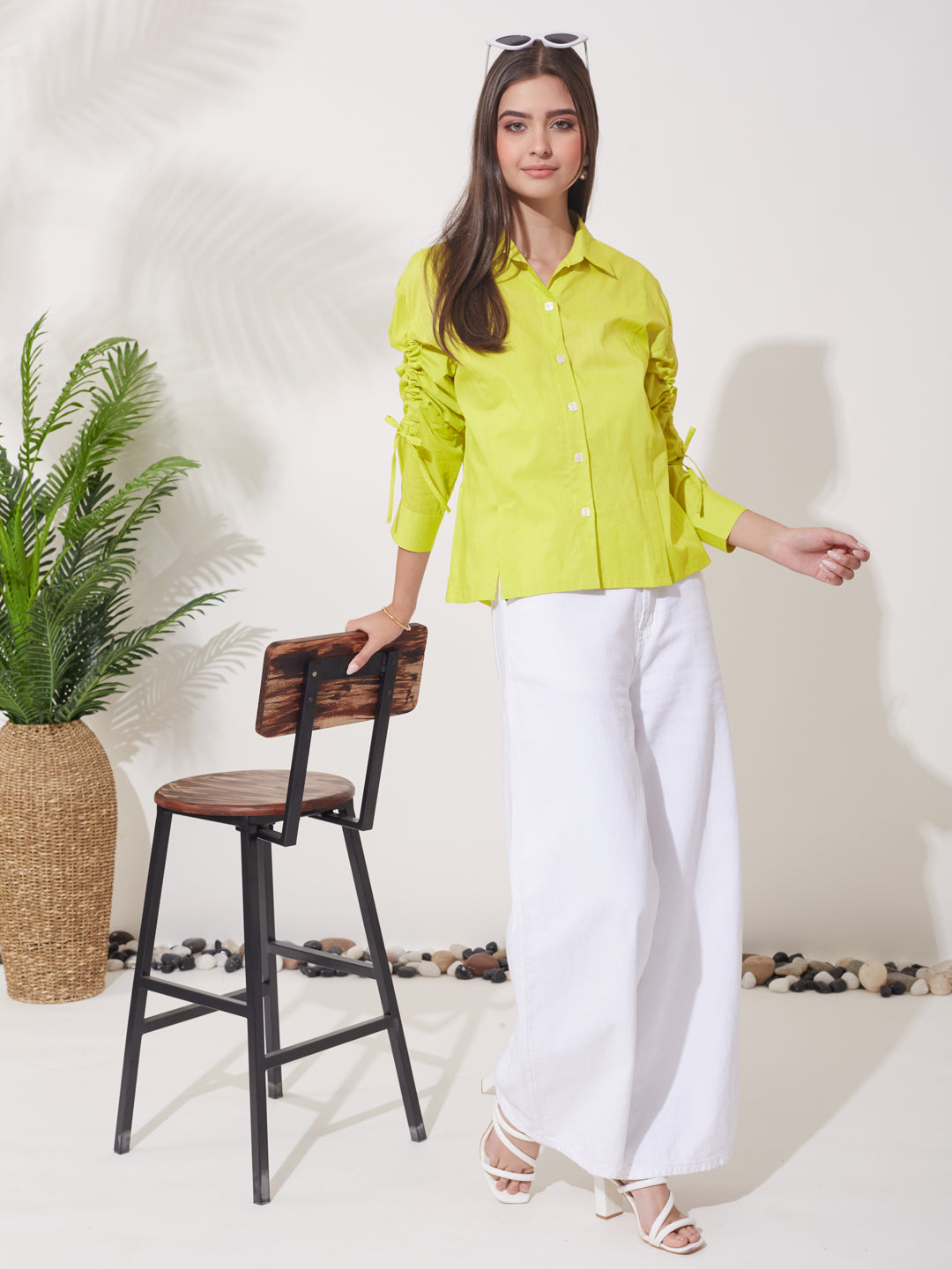 Women’s Neon Cotton Button-Down Shirt with Stylish Ruched Sleeves