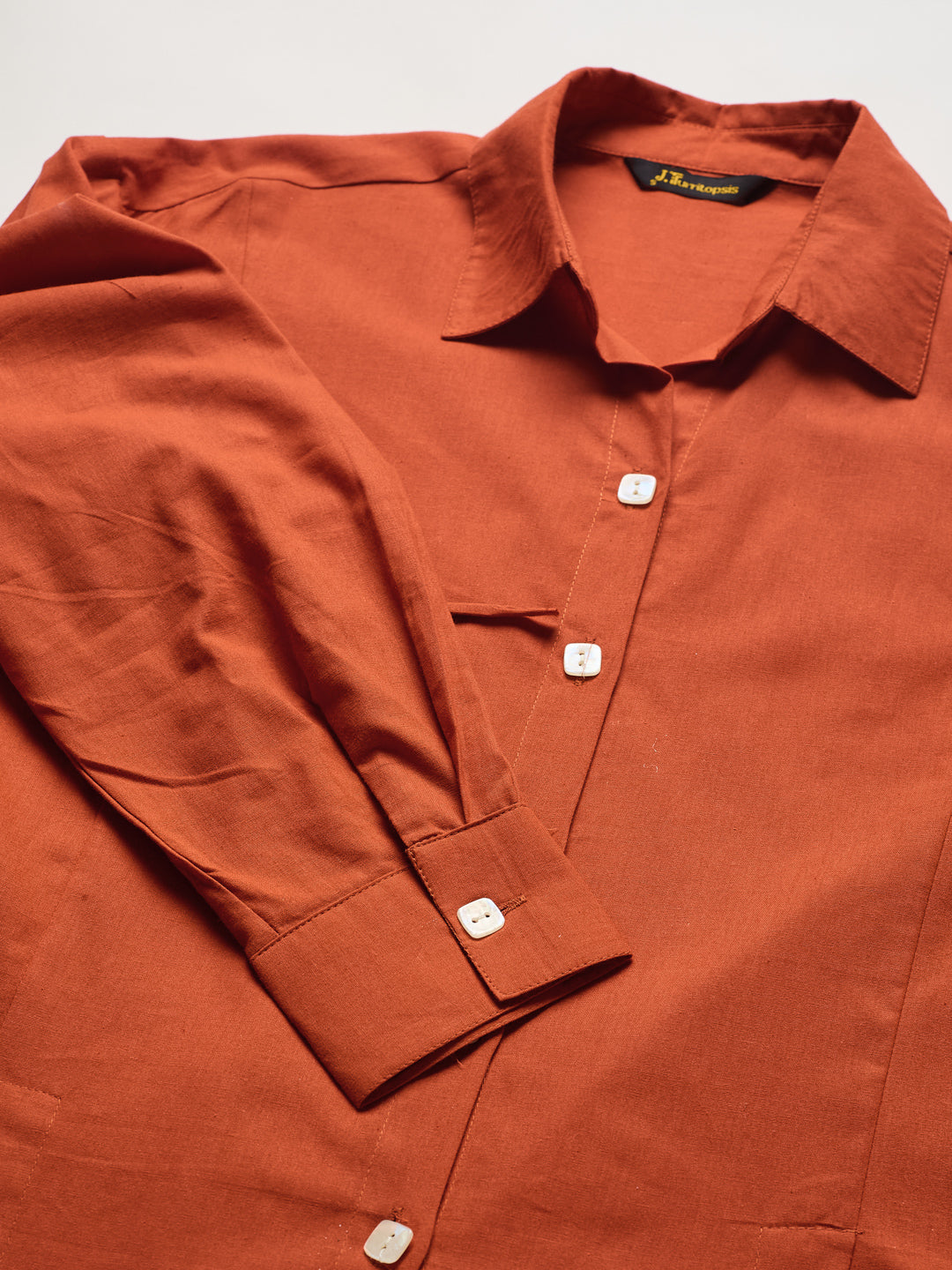Orange Cotton Casual Shirt with Gathered Sleeve Detail For Women
