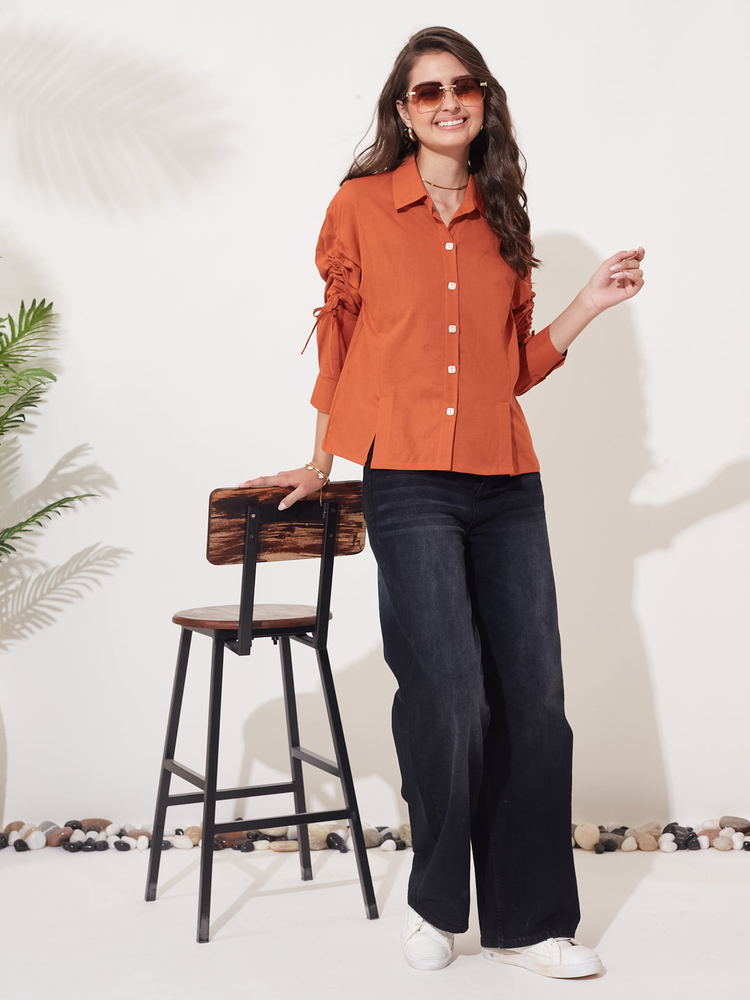 Orange Cotton Casual Shirt with Gathered Sleeve Detail For Women