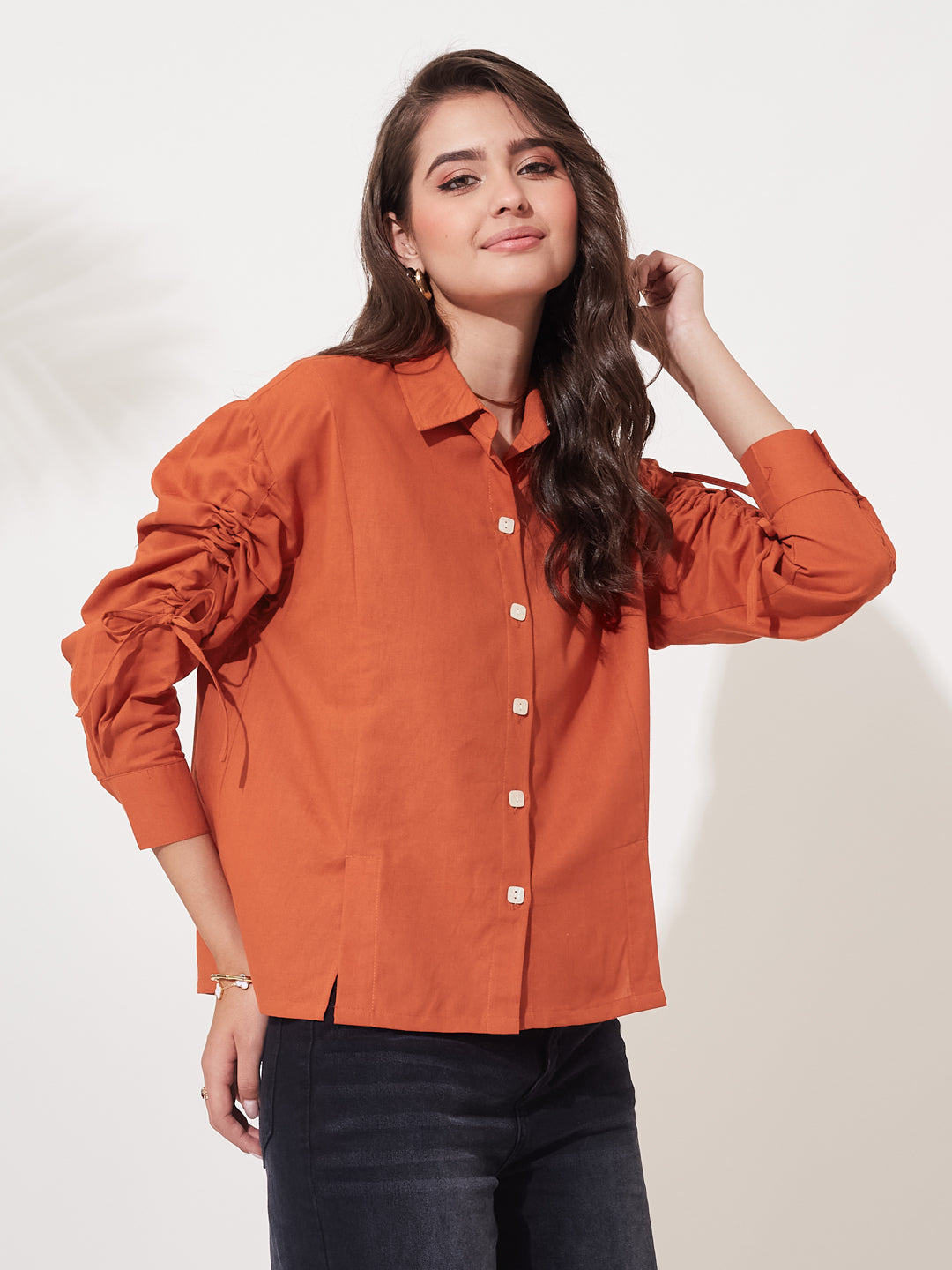 Orange Cotton Casual Shirt with Gathered Sleeve Detail For Women