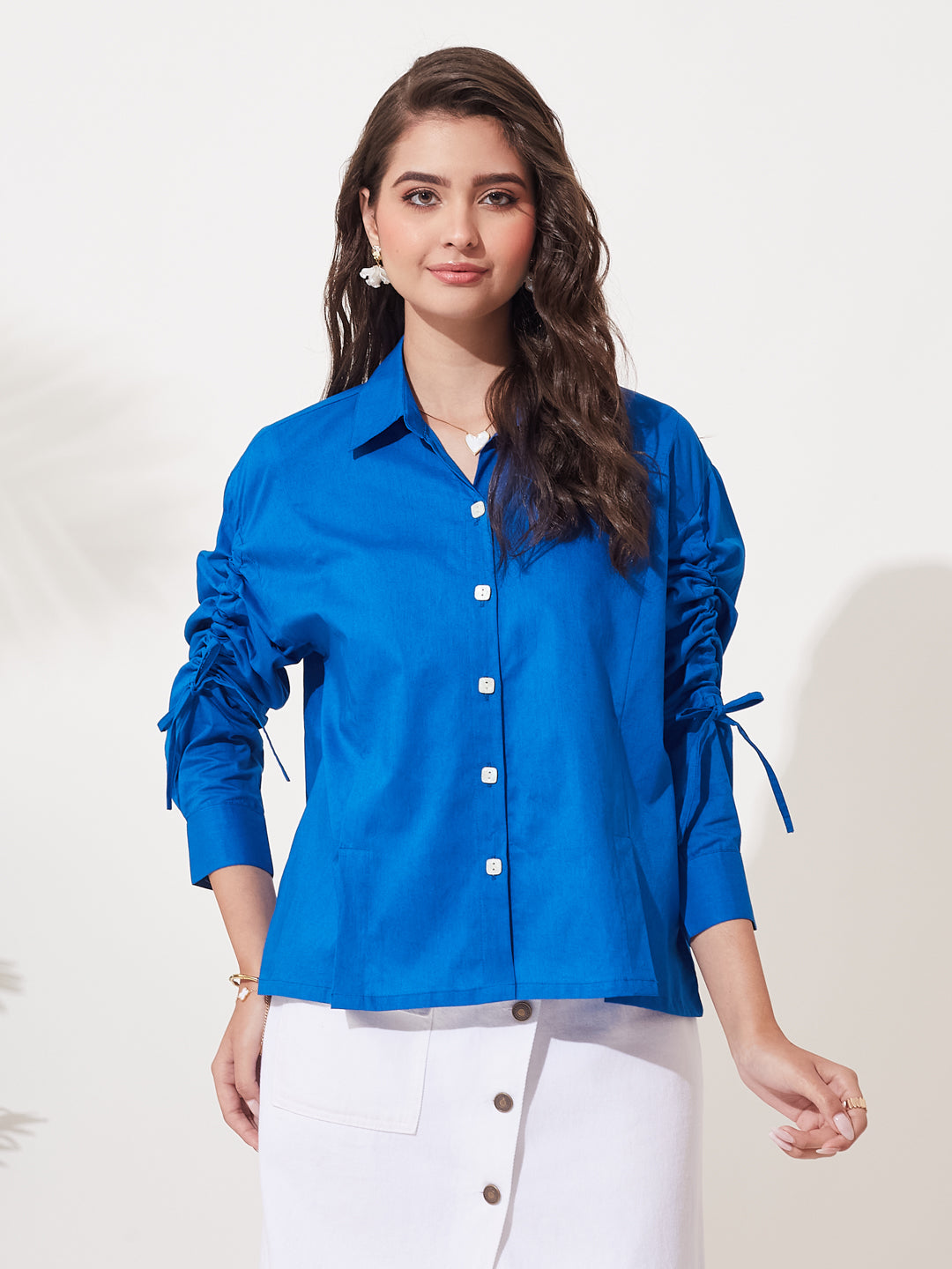 Solid Royal Blue Shirt with Ruched Sleeve Design For Women