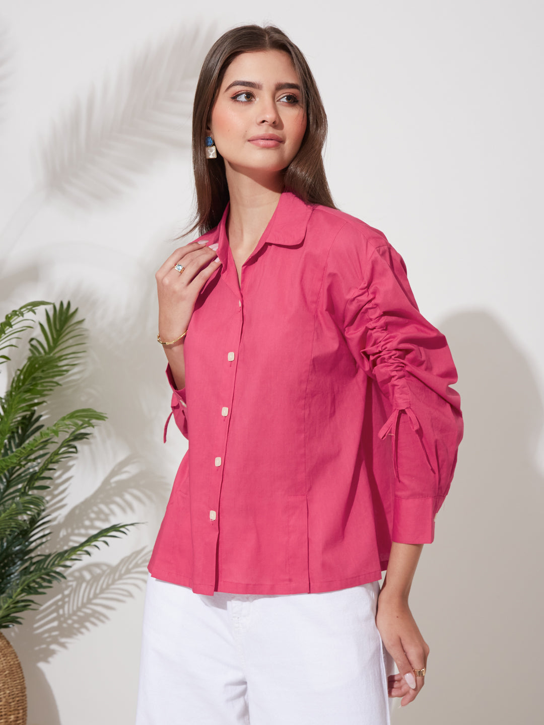 Pink Stylish Button-Down Shirt with Ruched Sleeves For Women