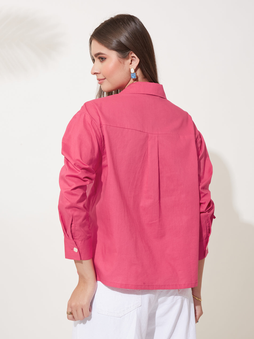 Pink Stylish Button-Down Shirt with Ruched Sleeves For Women