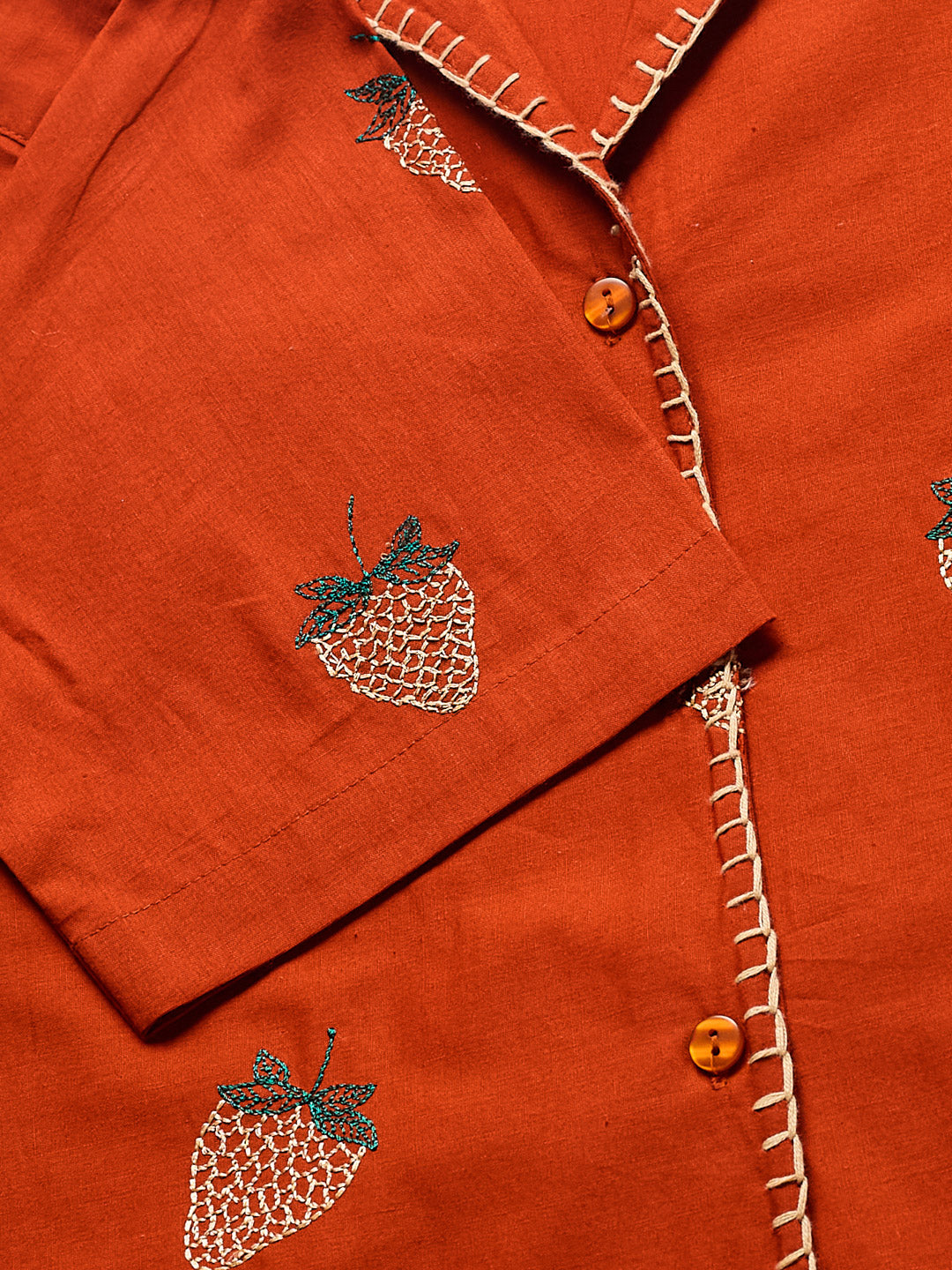 Orange Cotton Strawberry Printed Cotton Shirt for Women