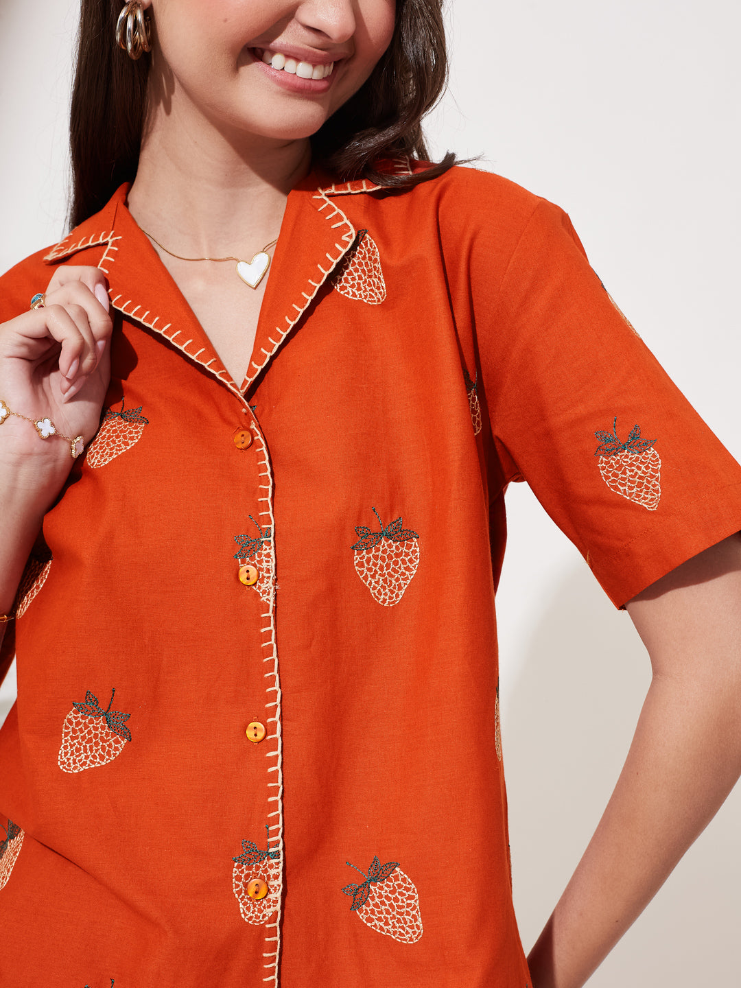 Orange Cotton Strawberry Printed Cotton Shirt for Women
