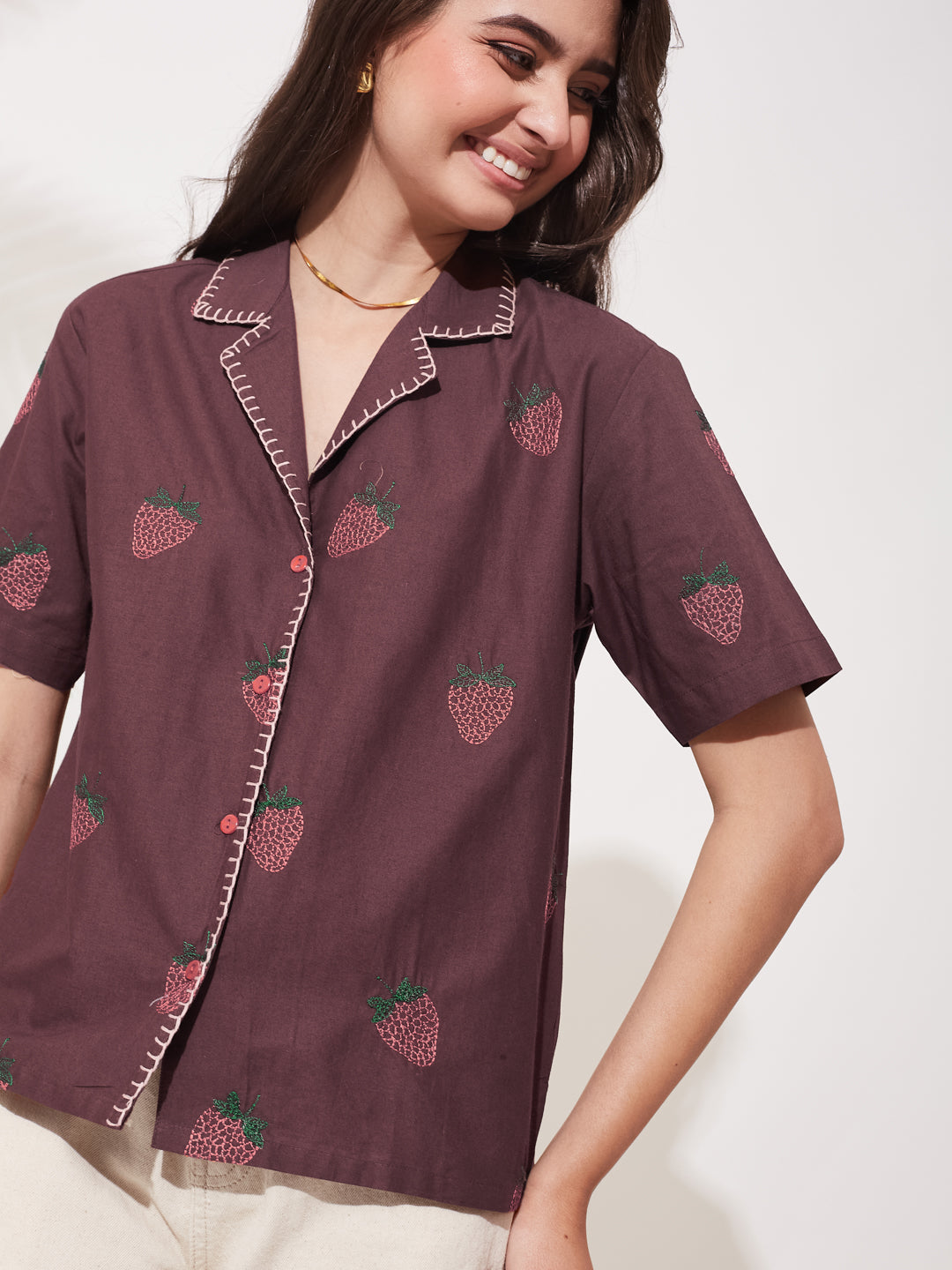 Coffee Cotton Printed Summer Shirt with Short Sleeves For Women