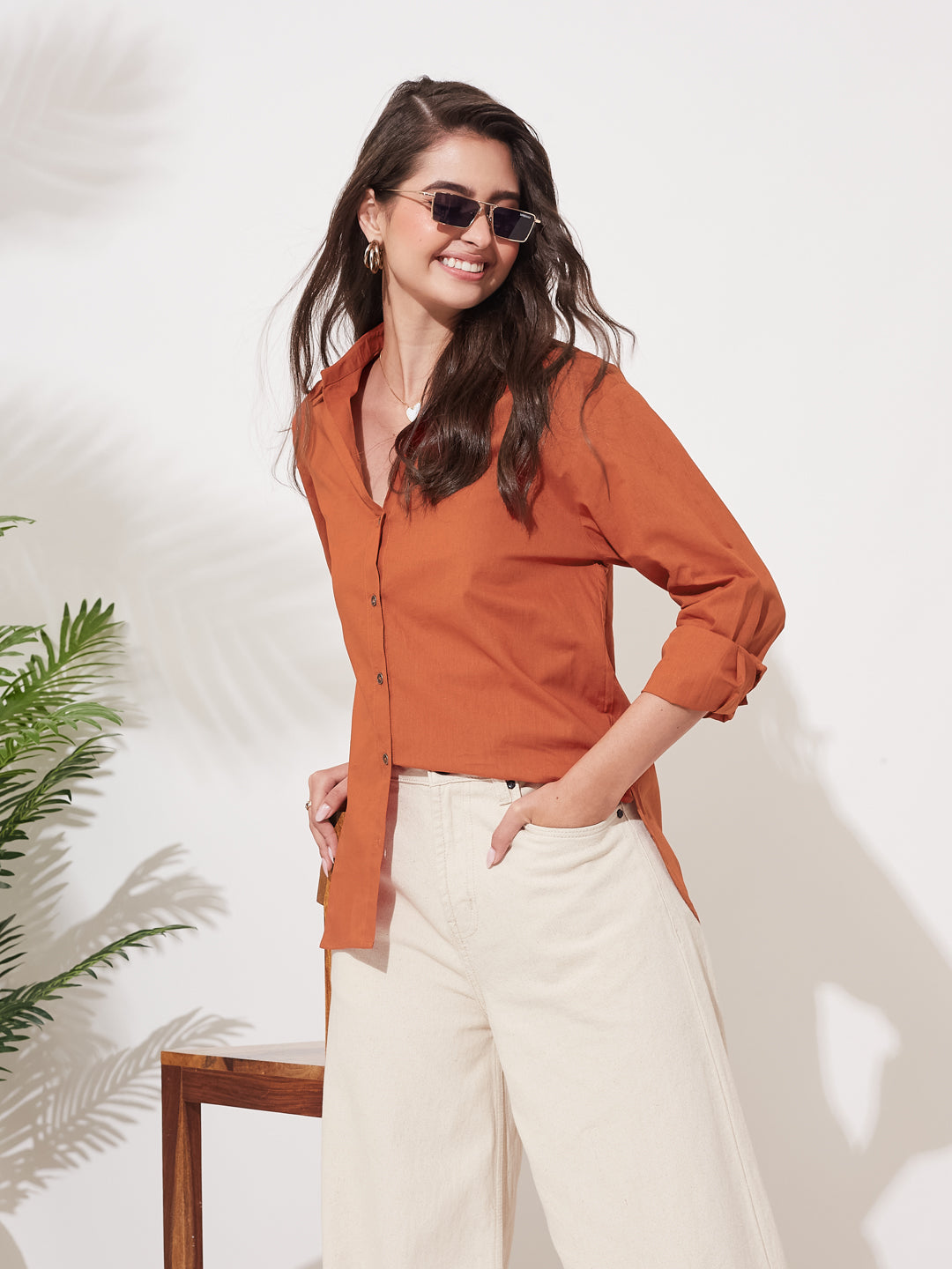 Women’s Solid Orange Cotton Everyday Formal Shirt