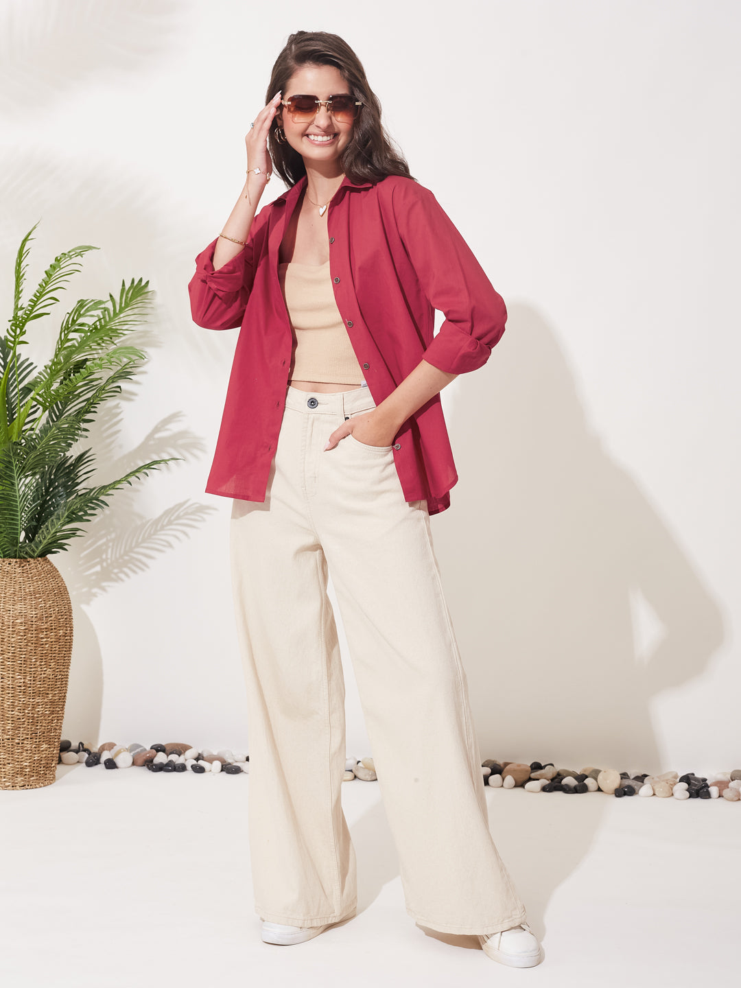 Red Cotton Button-Down Office & Casual Wear Shirt
