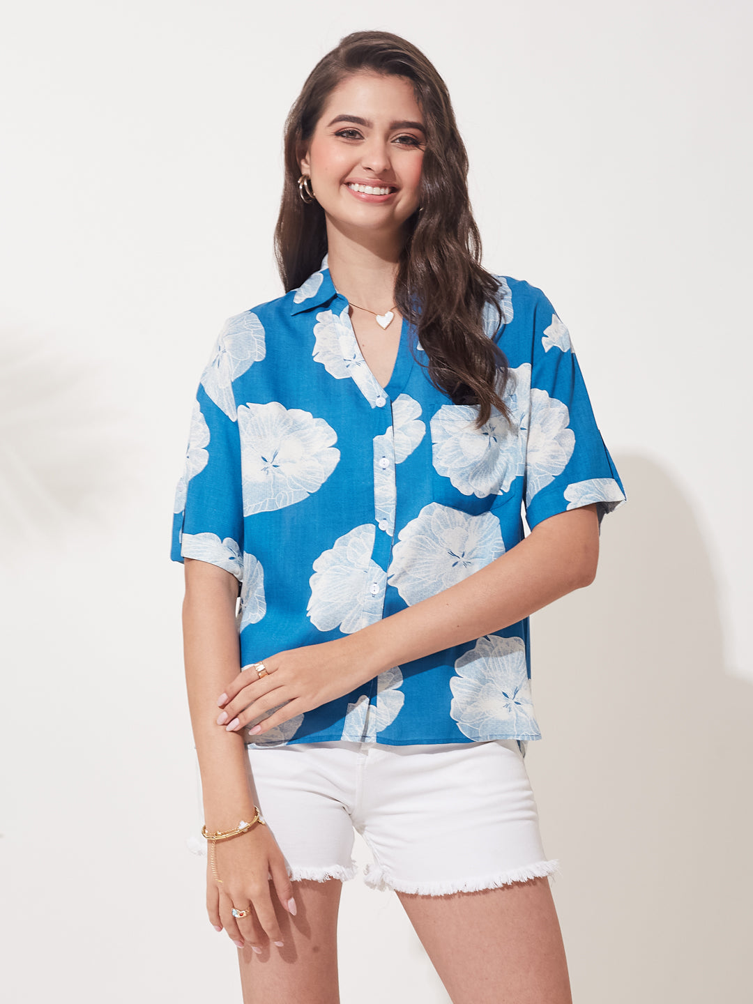 Blue Rayon Floral Casual Shirt for Women
