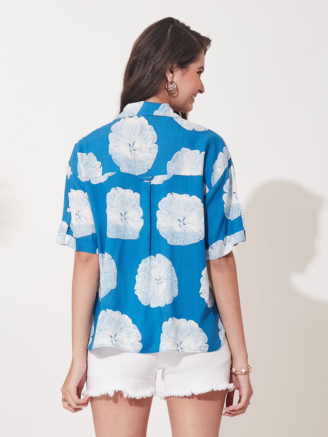 Blue Rayon Floral Casual Shirt for Women