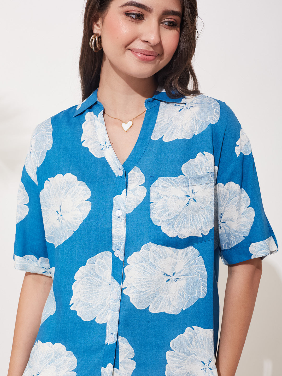 Blue Rayon Floral Casual Shirt for Women